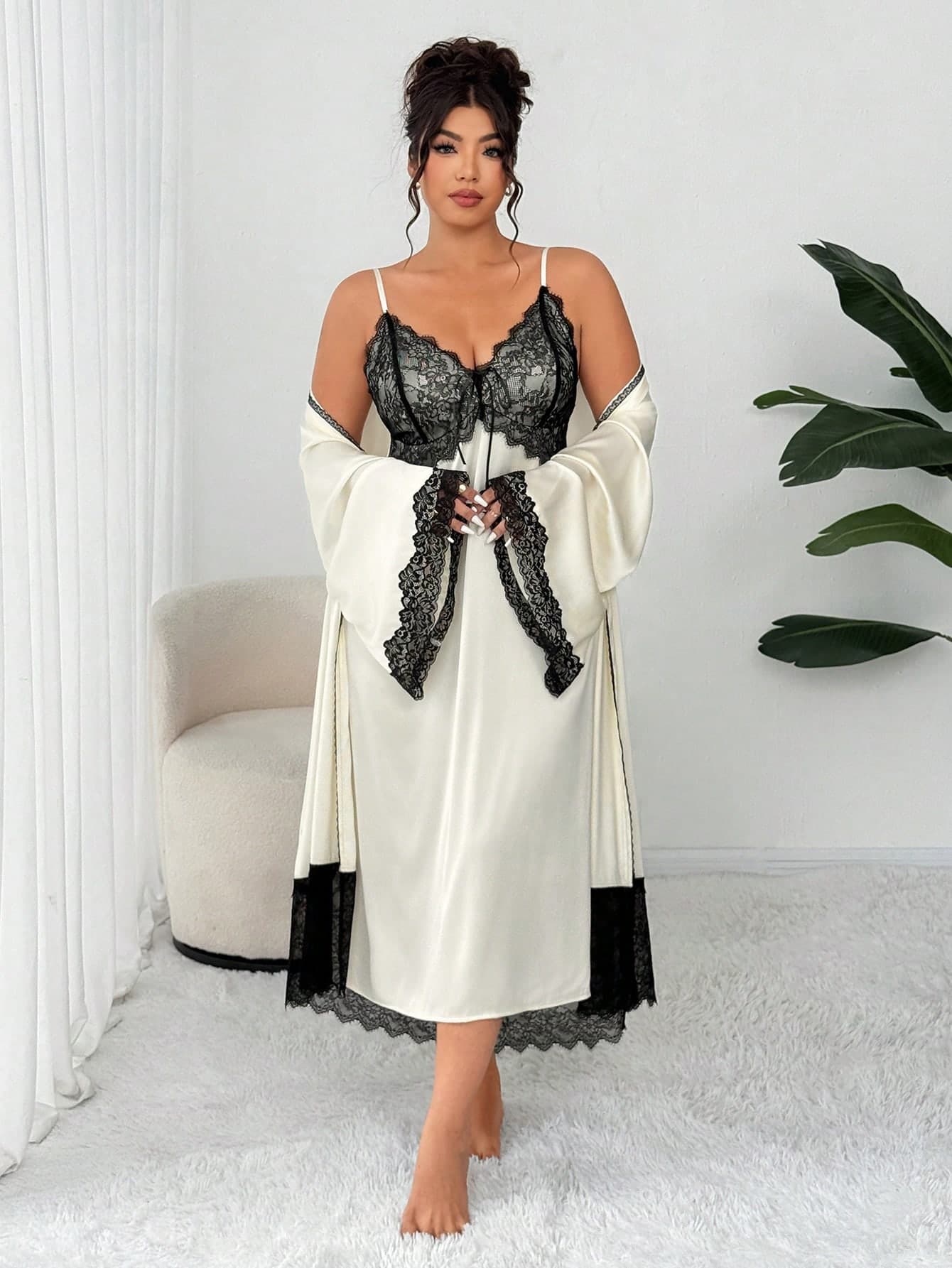 Dazy Plus 2pcs Elegant Contrast Lace Sleeveless Dress And Loose Open Front Robe Pajama Set, Plus Size Women Spring/Autumn Fall Winter Clothes