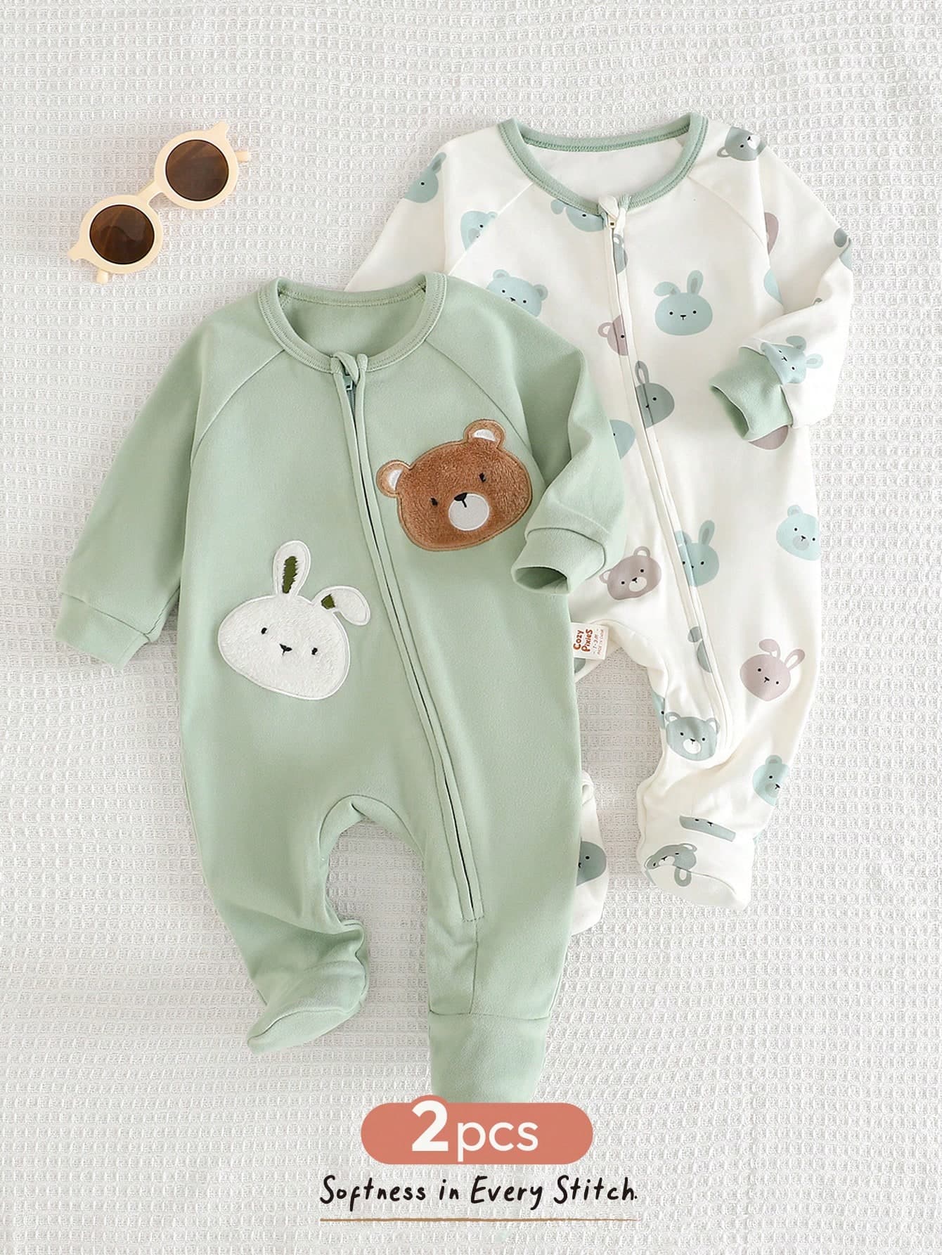 Cozy Pixies 2pcs Newborn Baby Boy/Girl Cartoon Animal Print Soft Knit Romper,Sage Green,Autumn,Cute,Lounge Long Sleeve Crew Neck Unisex Warm Clothes Sleeping Wear
