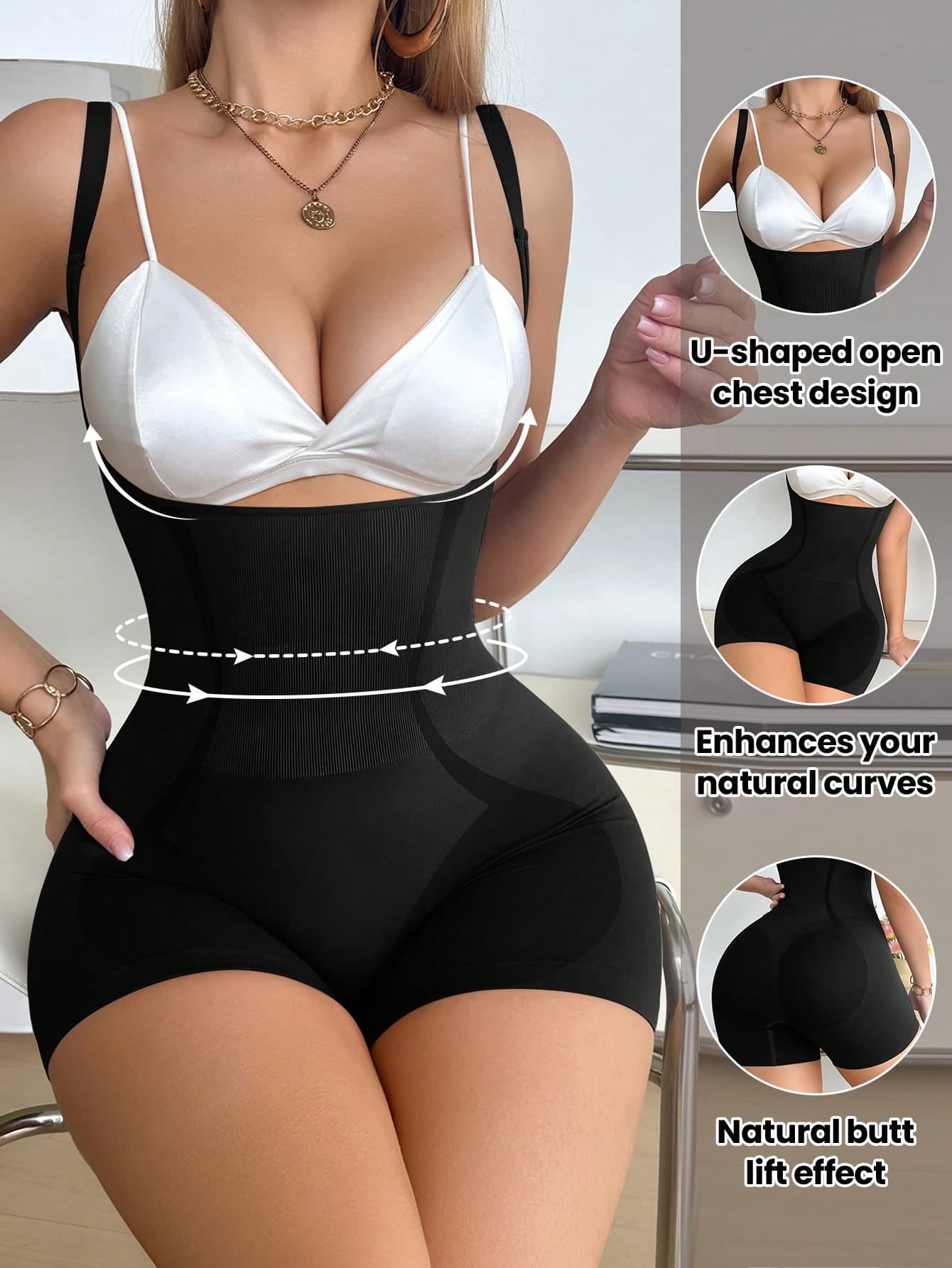 SHEIN 1pc Women's Slim Fit Solid Color U-Neck Bodysuit