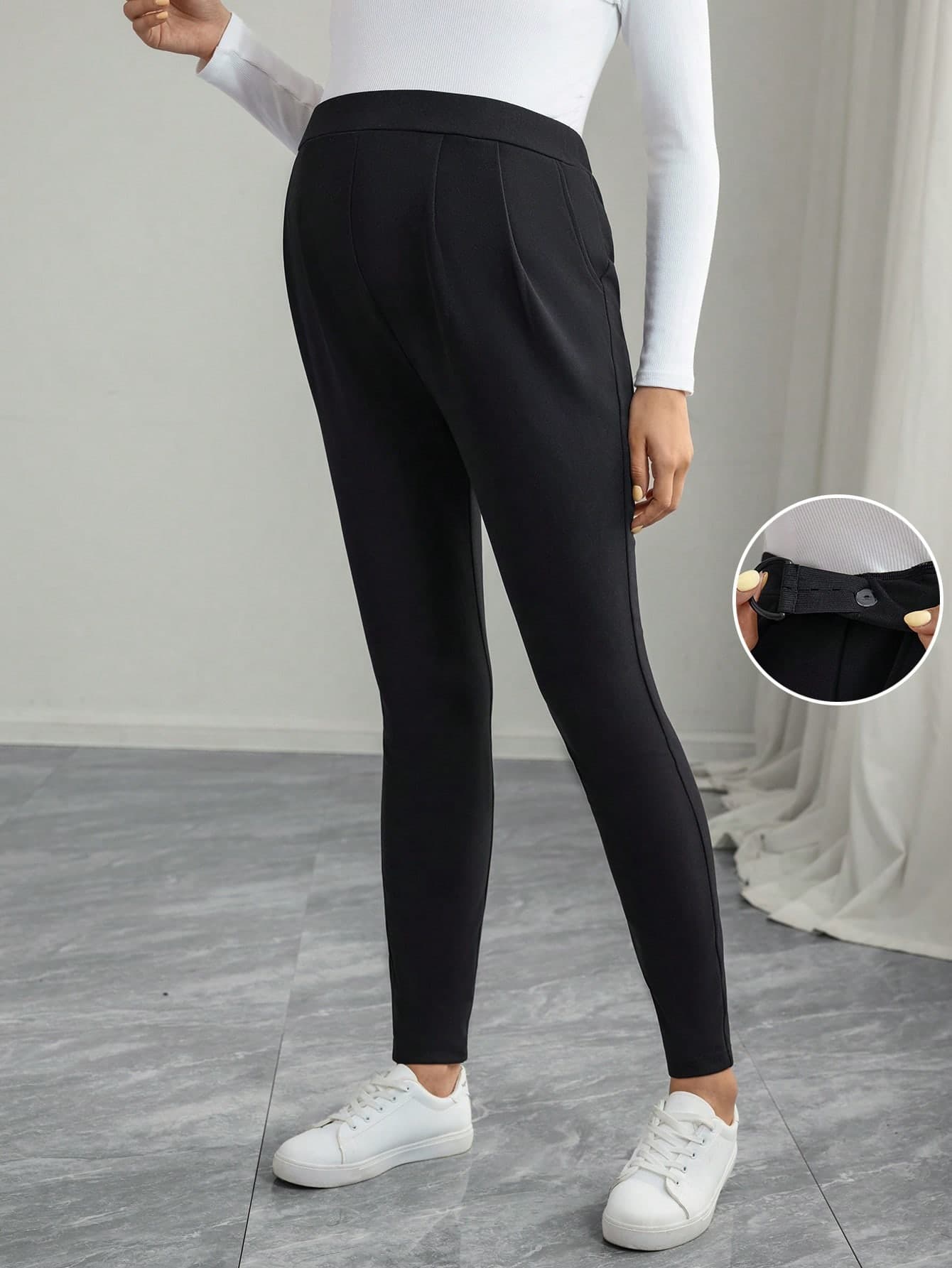 Momance Solid Color Long Pocket Pleated Skinny Casual Comfortable Maternity Leggings