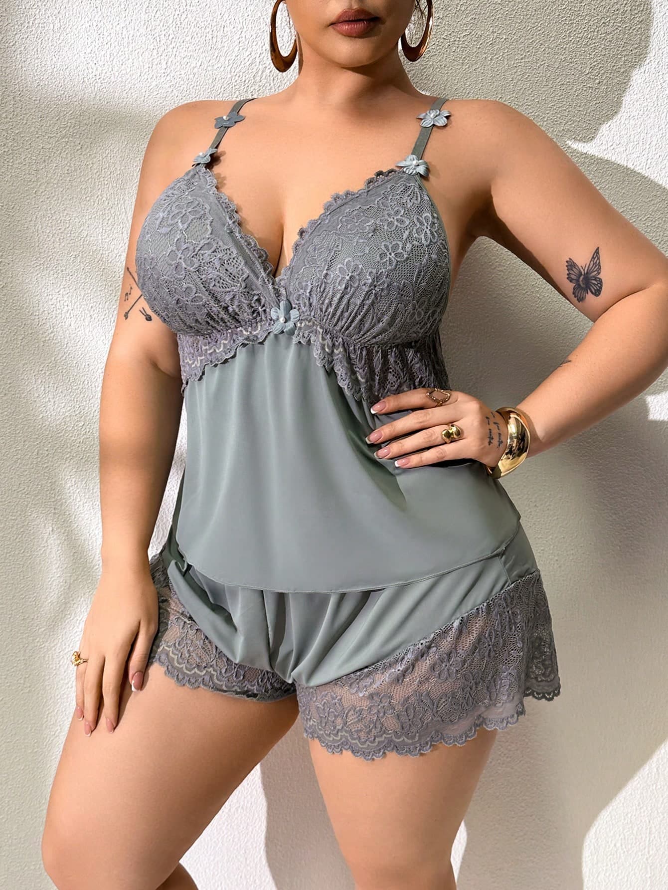 Softscene Plus Size Lace Patchwork Elastic Knit Sexy Backless Camisole & Shorts Pajama Set