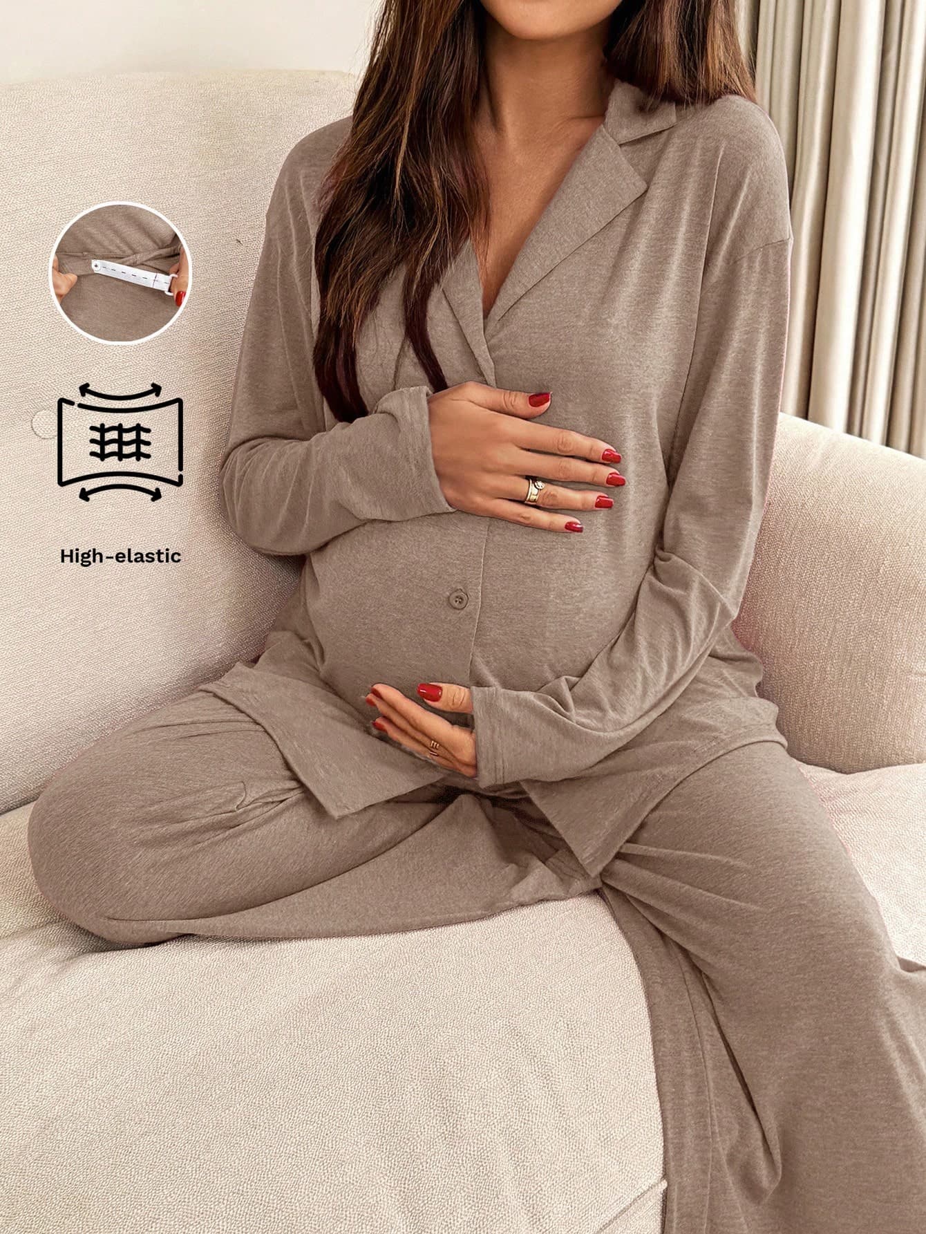 Slowluna 2pcs Maternity Solid Color Button Front Long Sleeve Top And Pants Set Loungewear Women Sleep Wear Sets 2 Pieces Lounge Woman Clothes Two Suits Fall