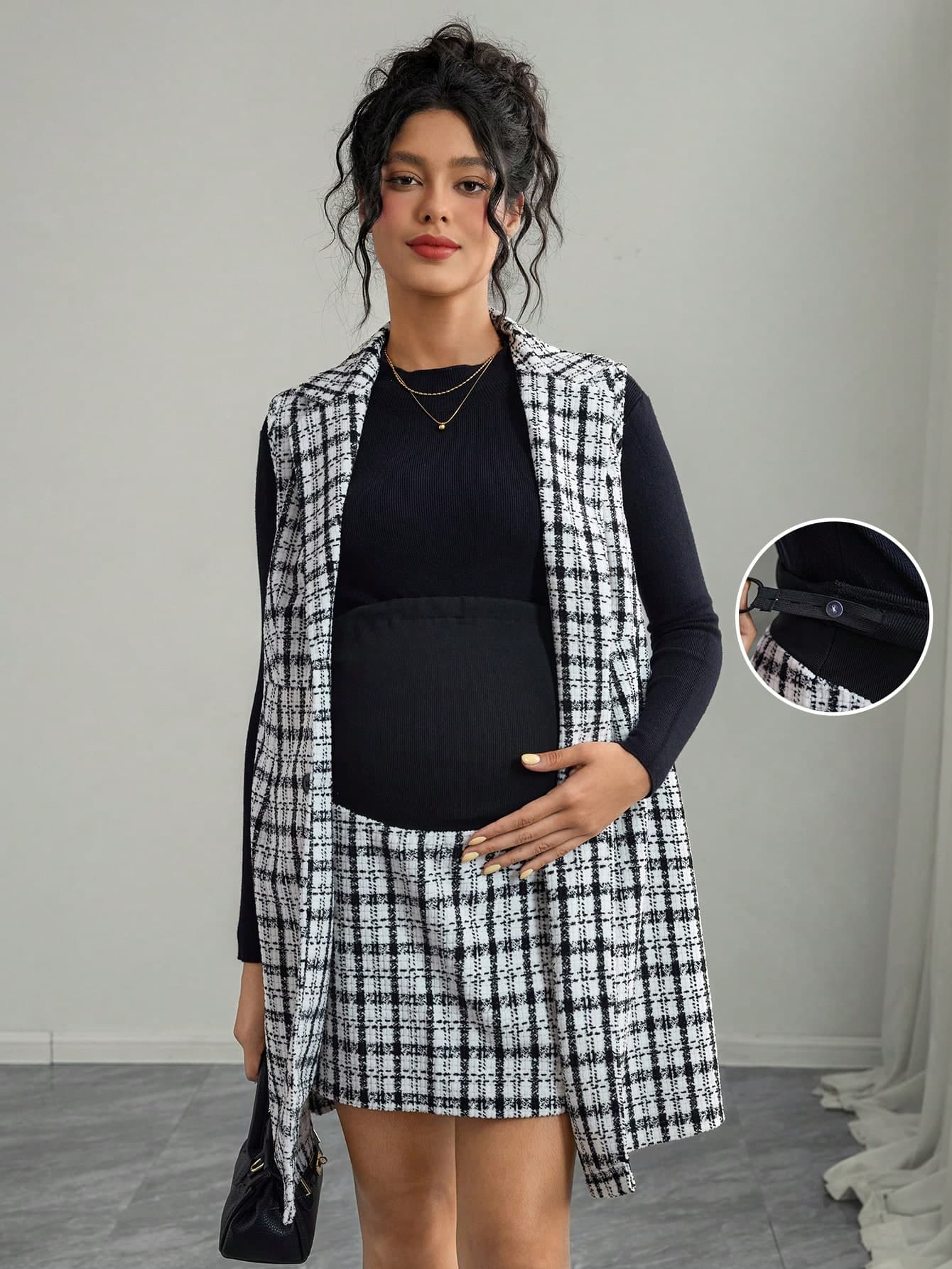 Momance 2pcs Maternity Outfit: Sleeveless Collarless Open Front Printed Jacket With Double-Breasted Buttons & Fitted Printed Skirt