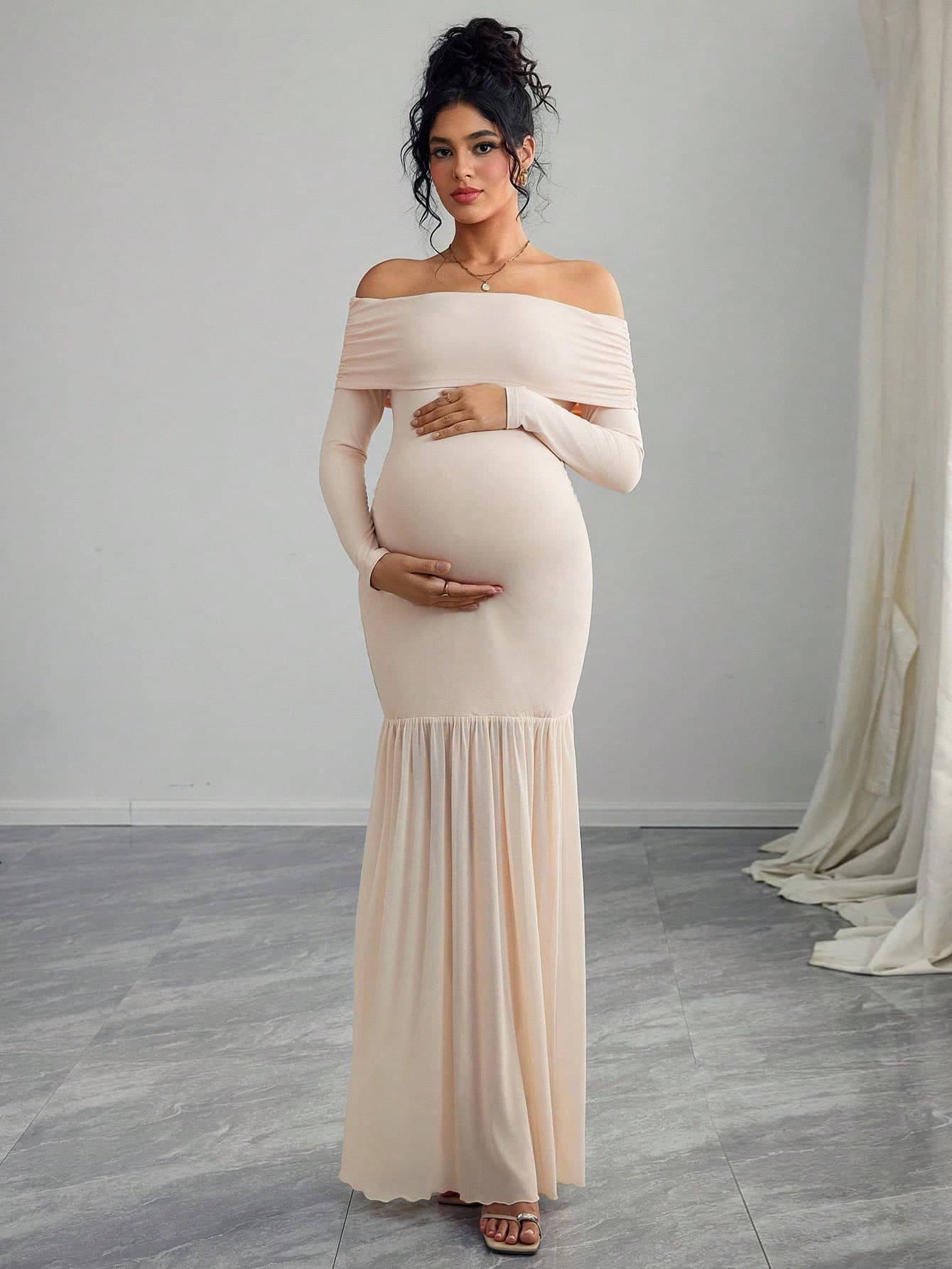 Momance Maternity Off Shoulder Long Sleeve Fitted Dress With Thigh-High Slit And Mesh Panels Fall