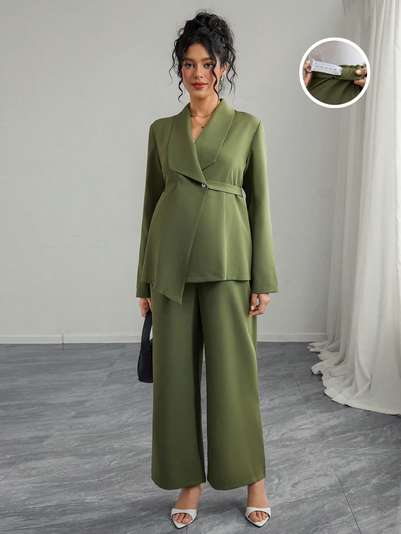 Momance Women's Elegant Collar V-Neck Long Sleeve Unique Belt Tie Jacket & Straight Wide Leg Pants Maternity 2-Piece Set