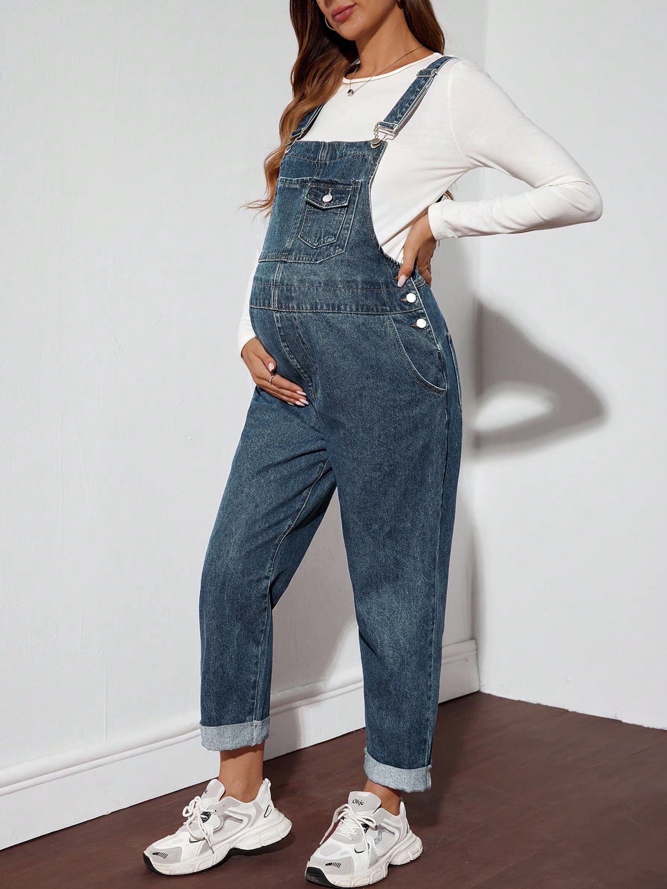 SHEIN Maternity Denim Bib Pants And Jumpsuit, Casual Loose Bib Blue