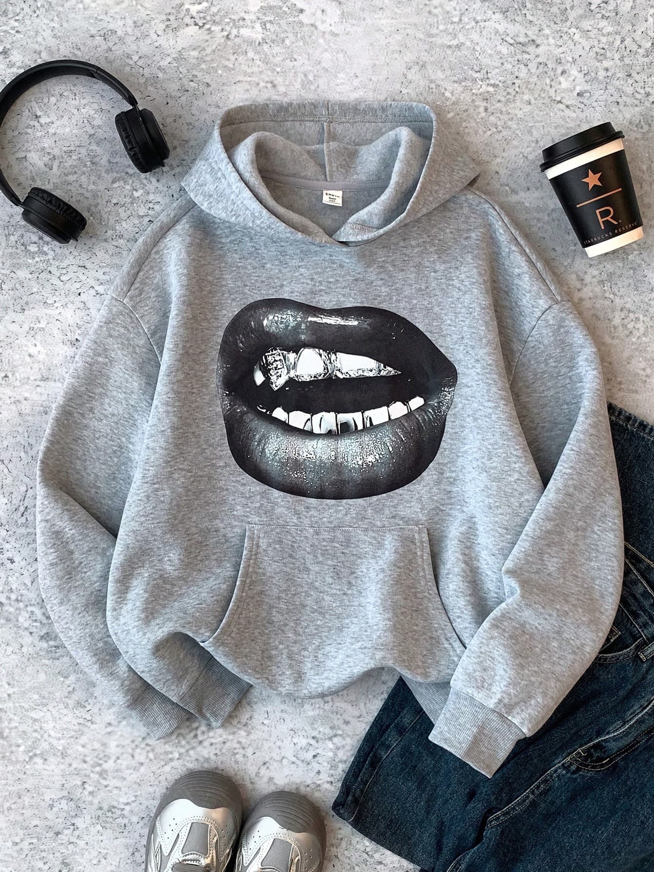 Glowzi Teen Girls Casual Everyday Hooded Gray Lip Print Loose Oversized Autumn Sweatshirt