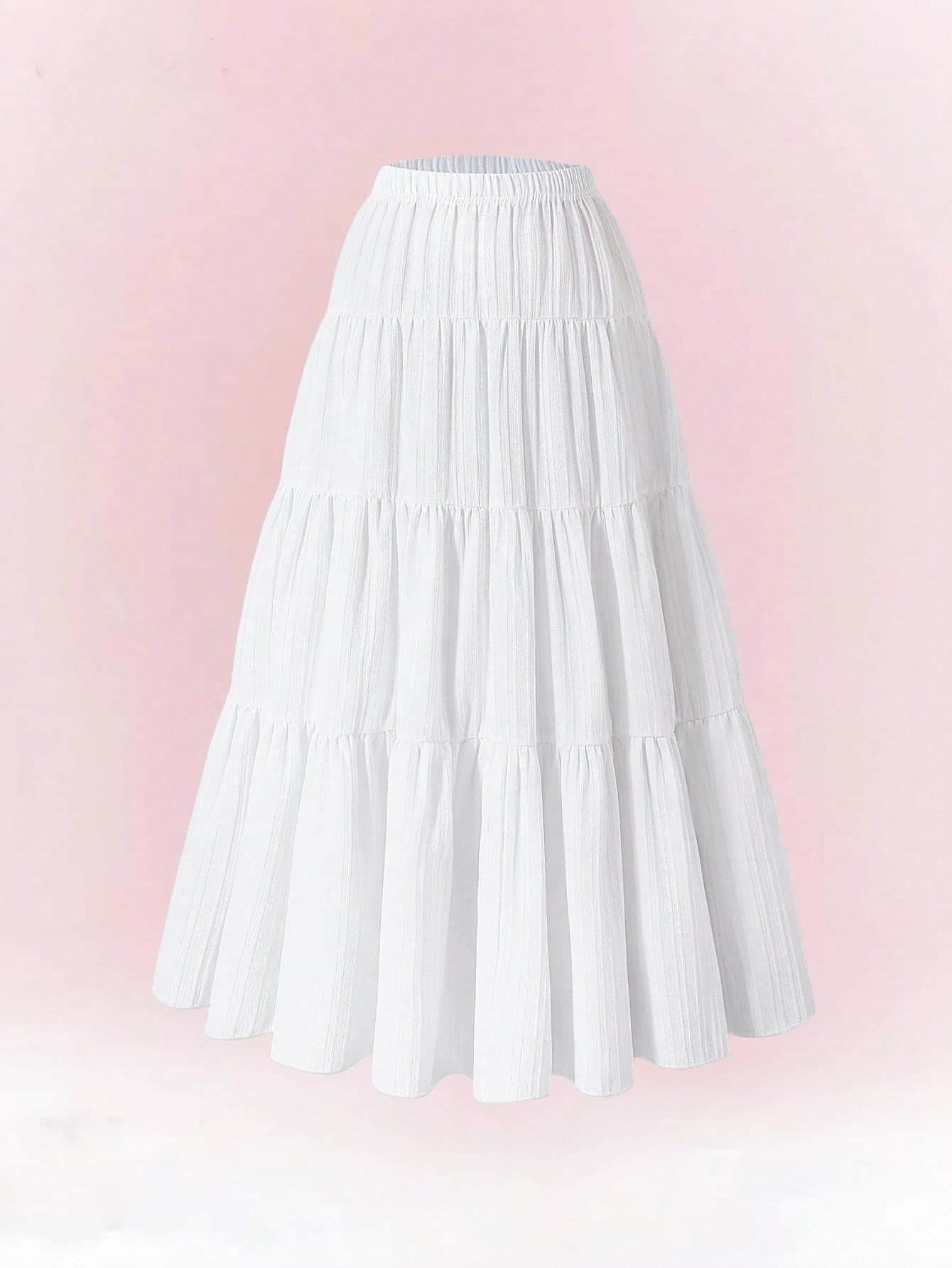 SHEIN Sparklyn Girls' White Woven Crinkle Fabric Skirt,Unique Texture Pleated Fluidity Baby Sweet Elegant Outings Fall Winter Summer Boho Casual Holiday Vacation