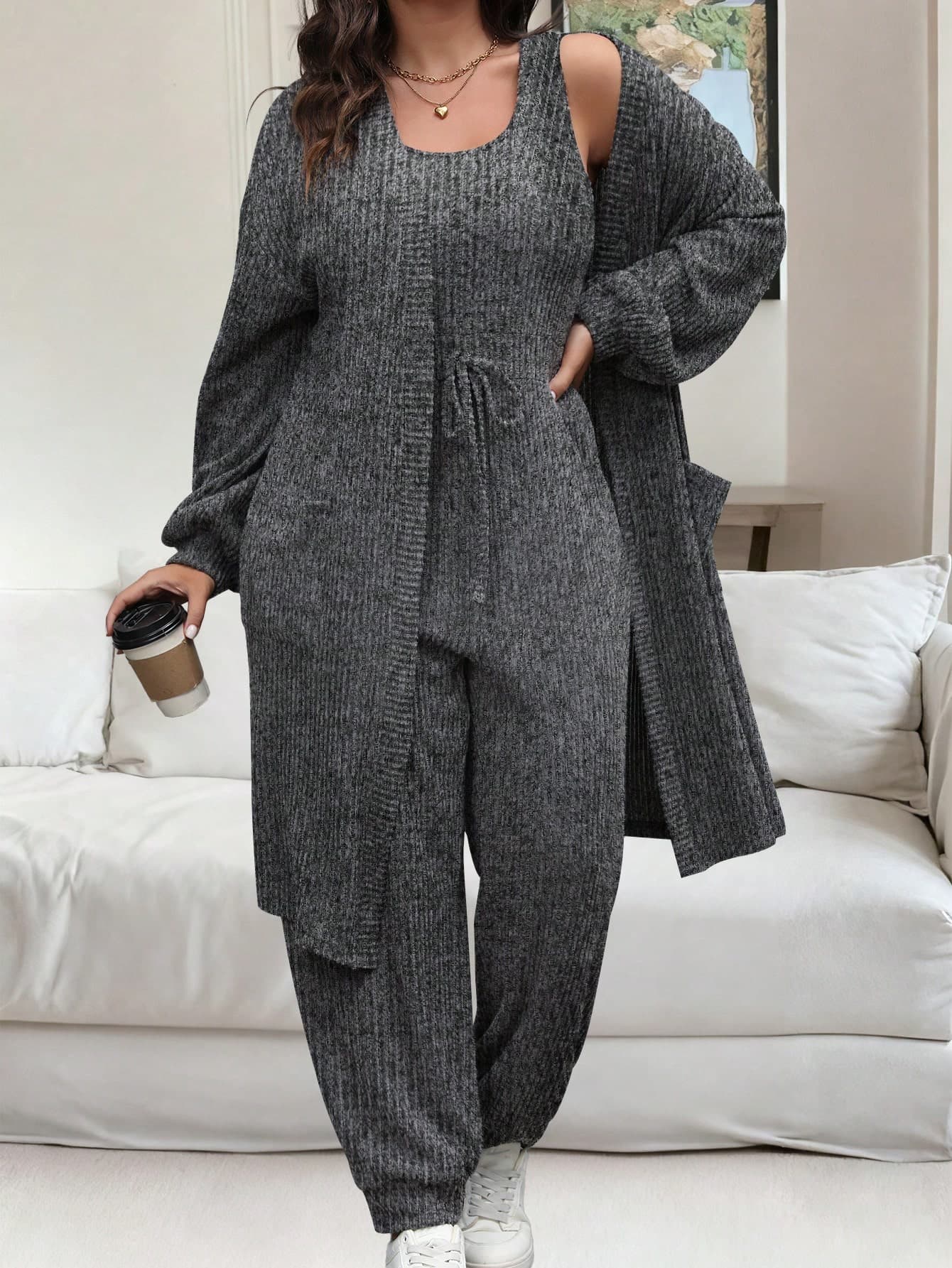 Vionelle Plus Size Women's Brown Knit 2-Piece Set Autumn Smart Casual Everyday Vacation Lounge Gym Drop Shoulder Long Sleeve Jacket And Waist Tie Jumpsuit Suit