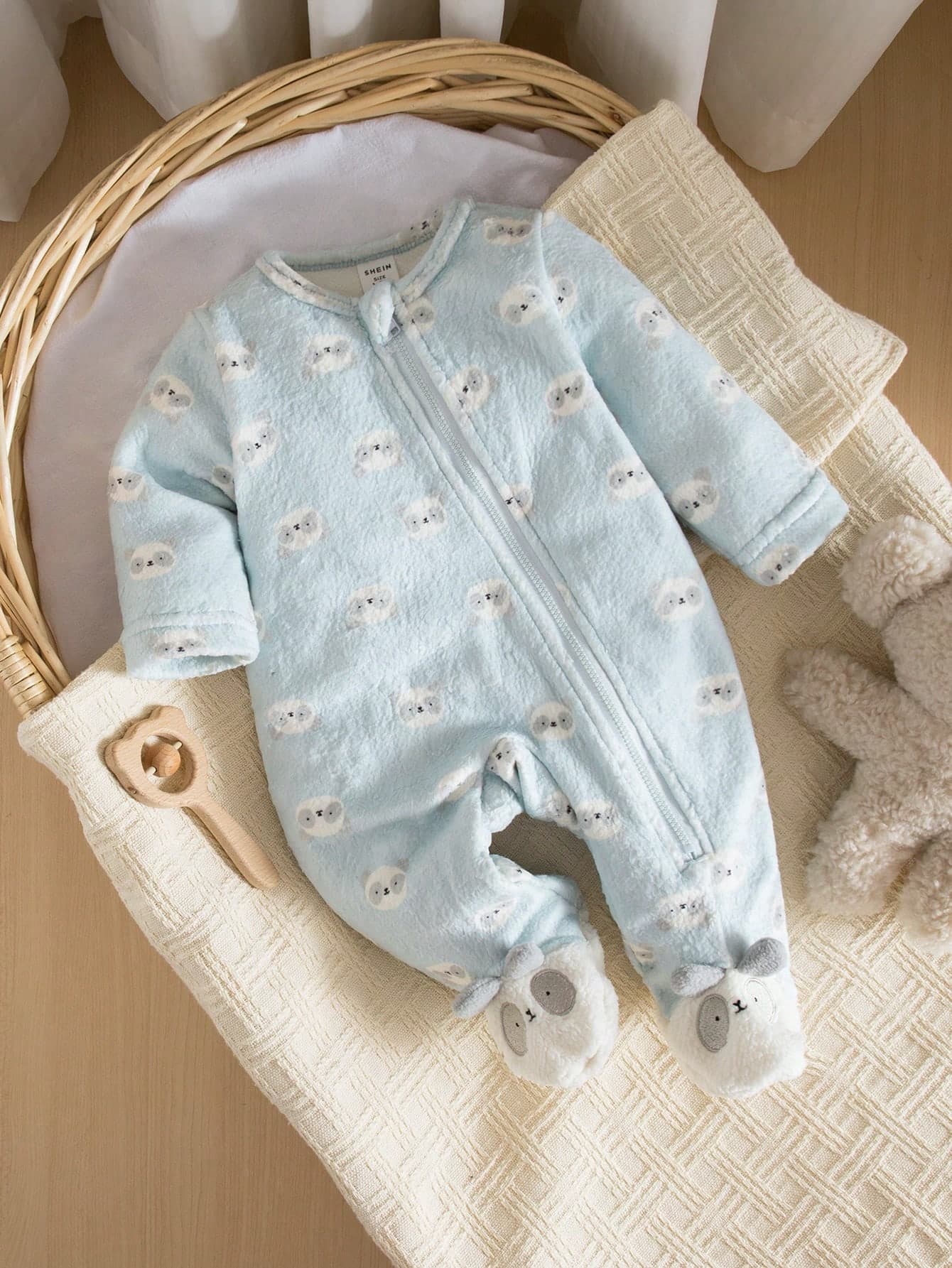 Newborn Baby Soft Knit Crew Neck Long Sleeve Snap-Up Footed Jumpsuit, Cute Panda Print, Casual & Fashionable Loungewear, Grey Blue, Autumn/Winter