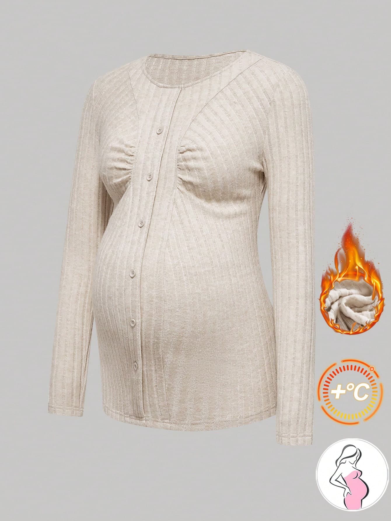 Modmama Maternity Solid Color Long Sleeve T-Shirt,Beige Comfortable Versatile Pregnancy Top,Fall Winter Casual Elegant Smart Casual Everyday Autumn Peach