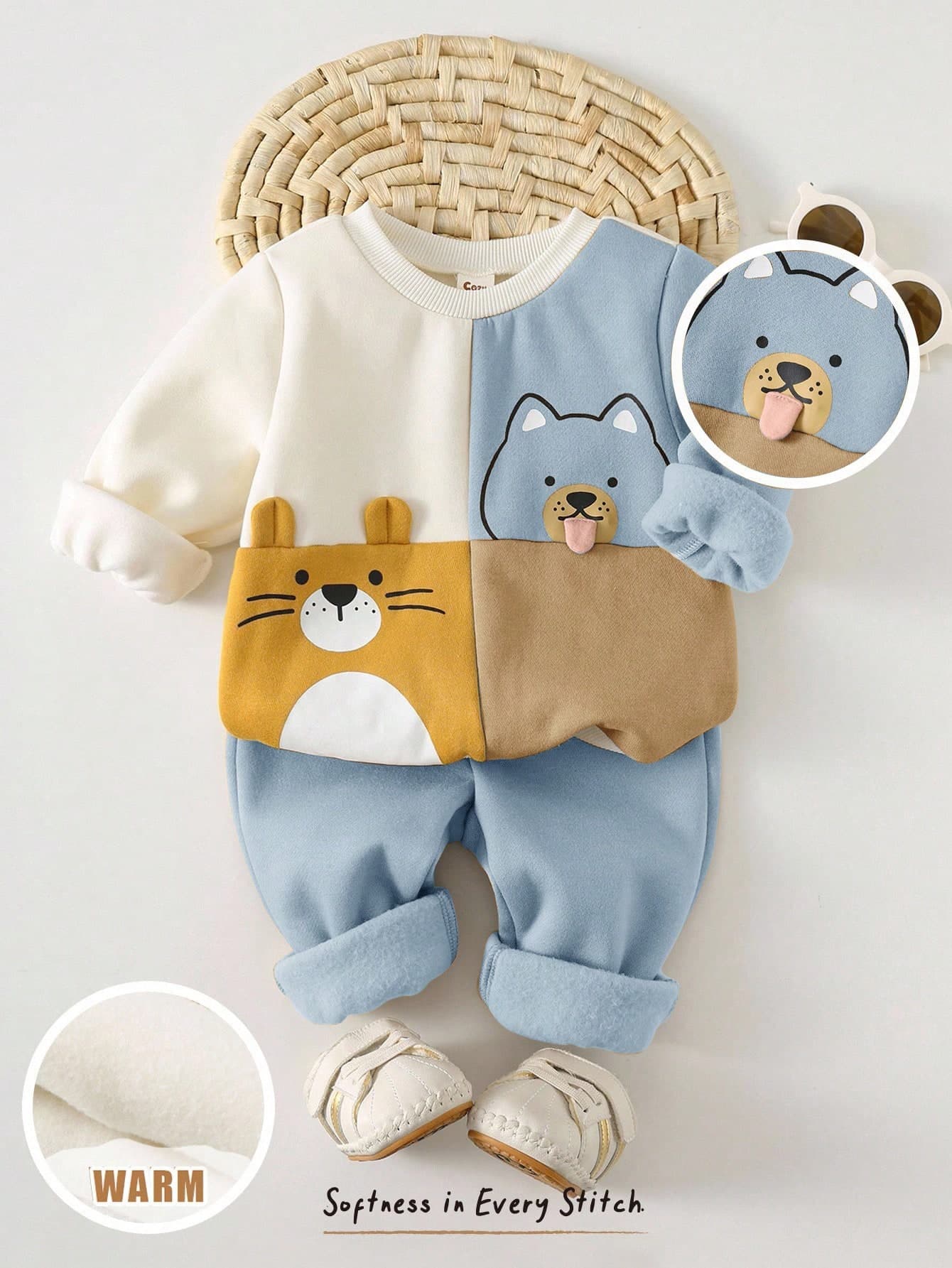 Cozy Pixies 2pcs Baby Boy Cartoon Animal Print Knit Soft Crew Neck Long Sleeve Pullover Sweatshirt And Elastic Waist Jogger Pants Set