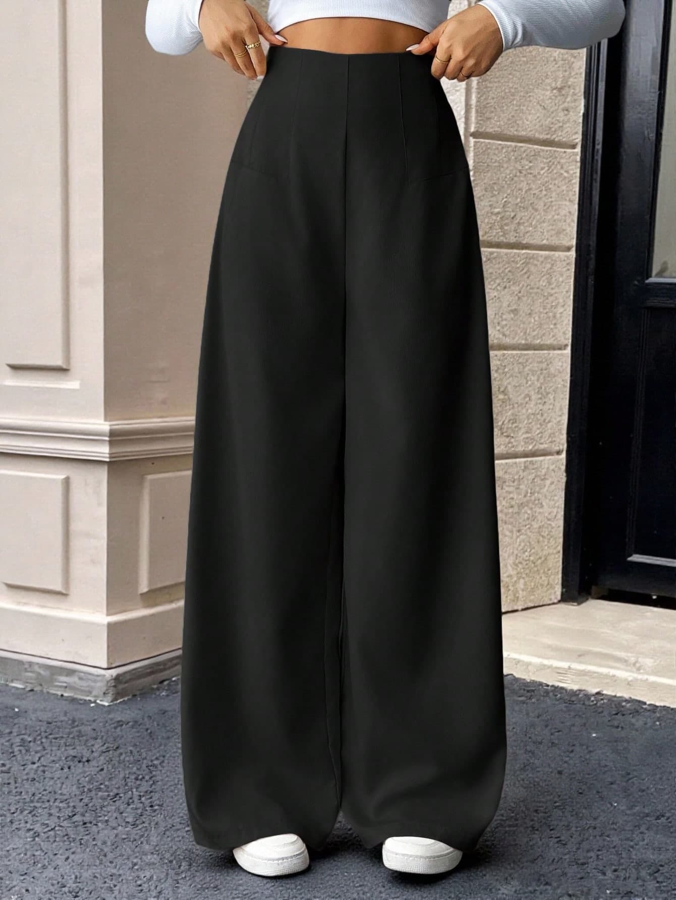 SHEIN Tween Girls Casual Fashionable Comfortable High Waist Wide Leg Straight Trousers,Suitable For Dailywear,Black Color Pants Elegant