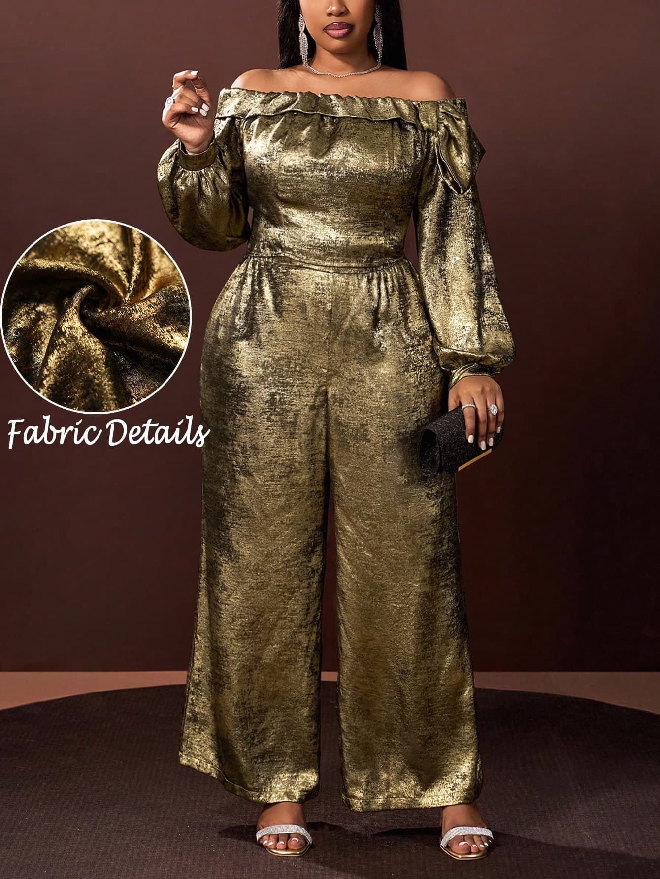 Slaydiva 2025 Autumn Plus Size Women's 2 Pieces Set, Elegant Off Shoulder Bow-Tie Gold Coated Floral Long Sleeve Co-Ords, Evening Party Date Outfit