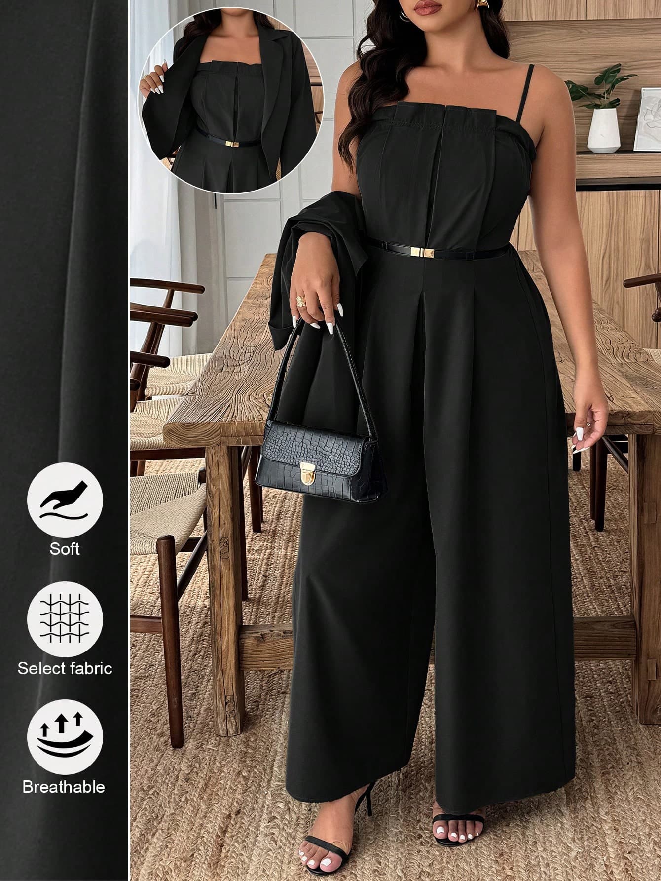 Weeklong Plus Size Women's Solid Color Lapel Collar Long Sleeve Jacket And Pleated Jumpsuit Elegant 2-Piece Set, Autumn Fall