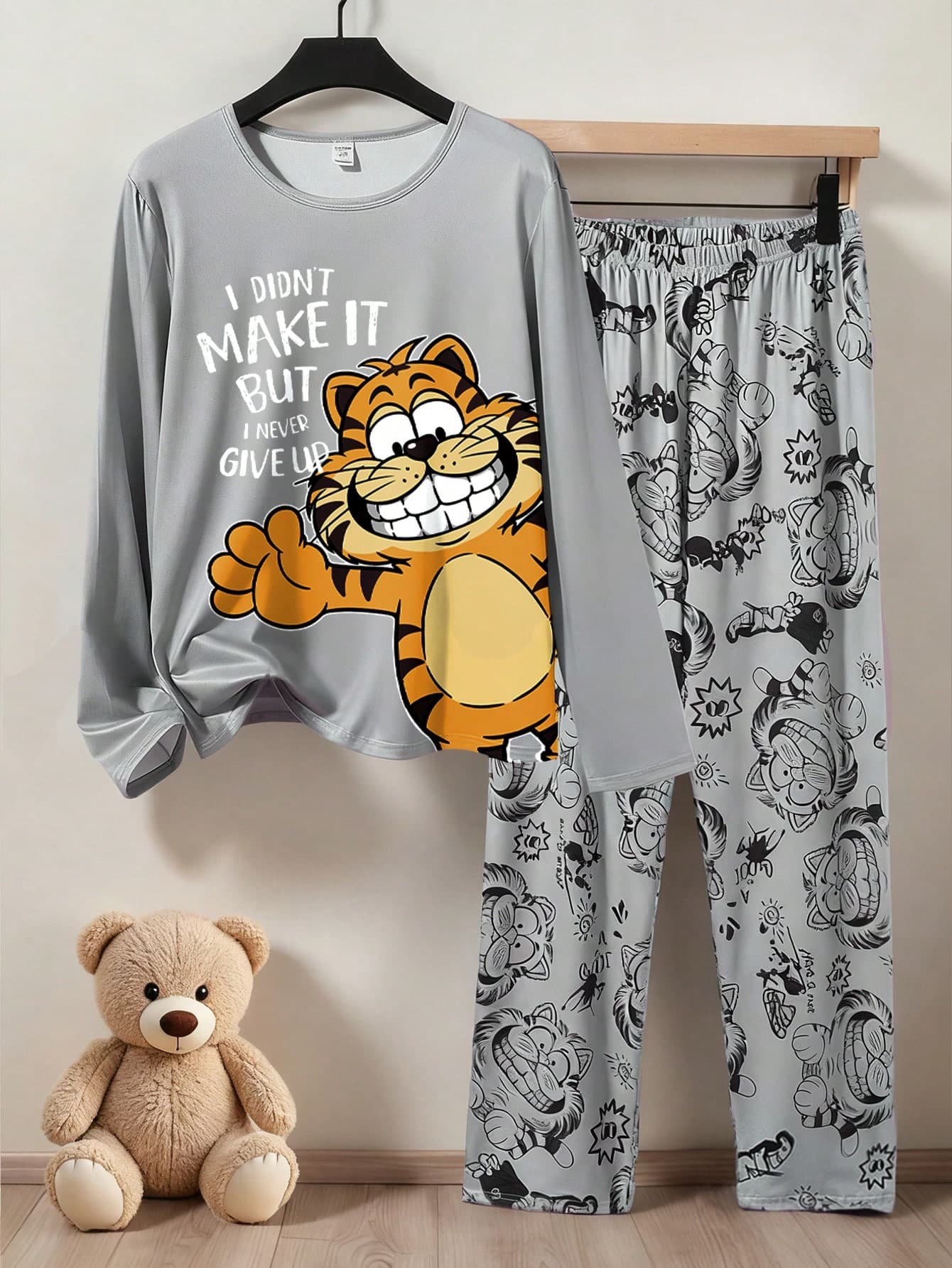 2pcs Boys' Grey Tiger Print Knit Fabric Comfortable Soft Long Sleeve Top And Pants Casual Loungewear Set