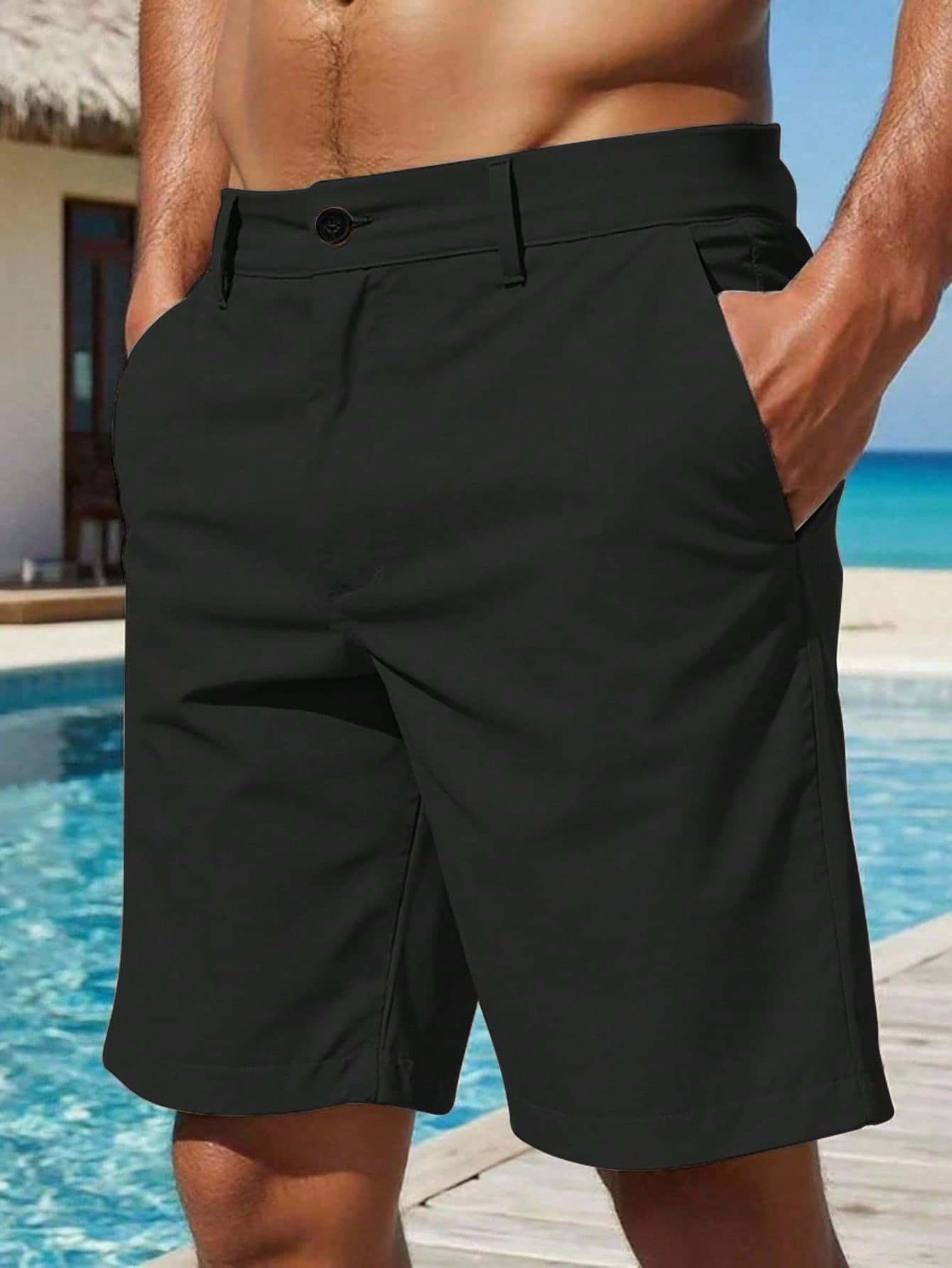 VENTUSAIL Men's Casual Slant Pocket Shorts Linen Loose Knee Cool Lucky Solid Color Summer Basic Men Clothes Black Dress Holiday