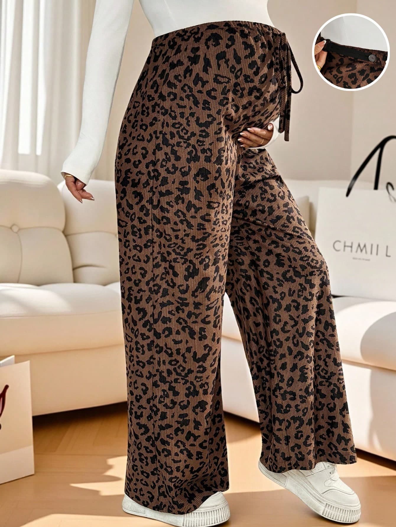 SHEIN Maternity Casual Fashionable Street Corduroy Leopard Print Knot Adjustable Waist Loose Wide Leg Pants Cheetah Print Fall