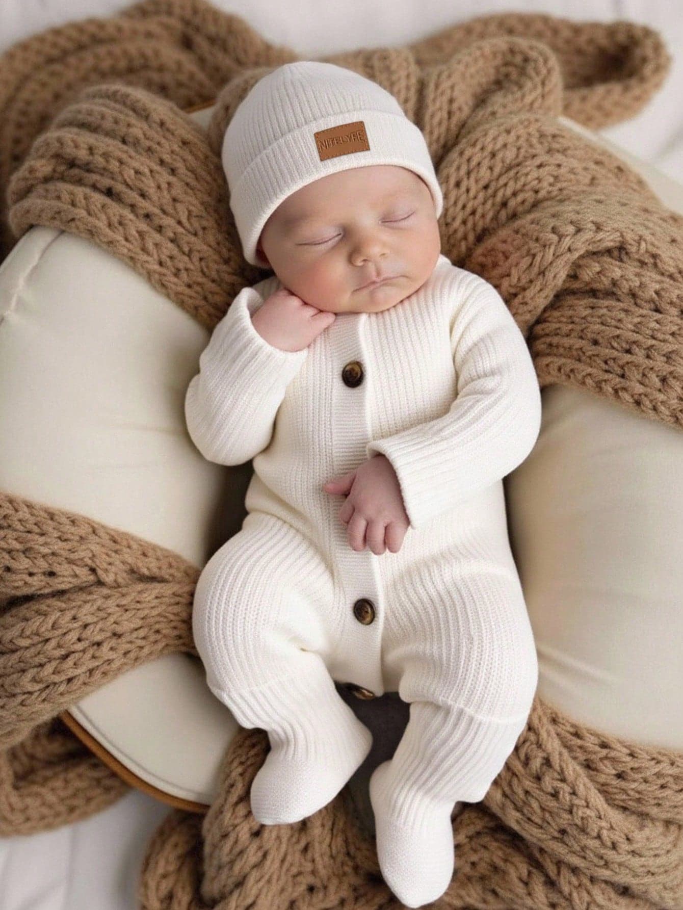 SHEIN Newborn Baby Girl Cute Knitted Jumpsuit,Footie&Hat Set,Versatile For Autumn/Winter Neutral Outfit Knit Romper Clothes Sweater