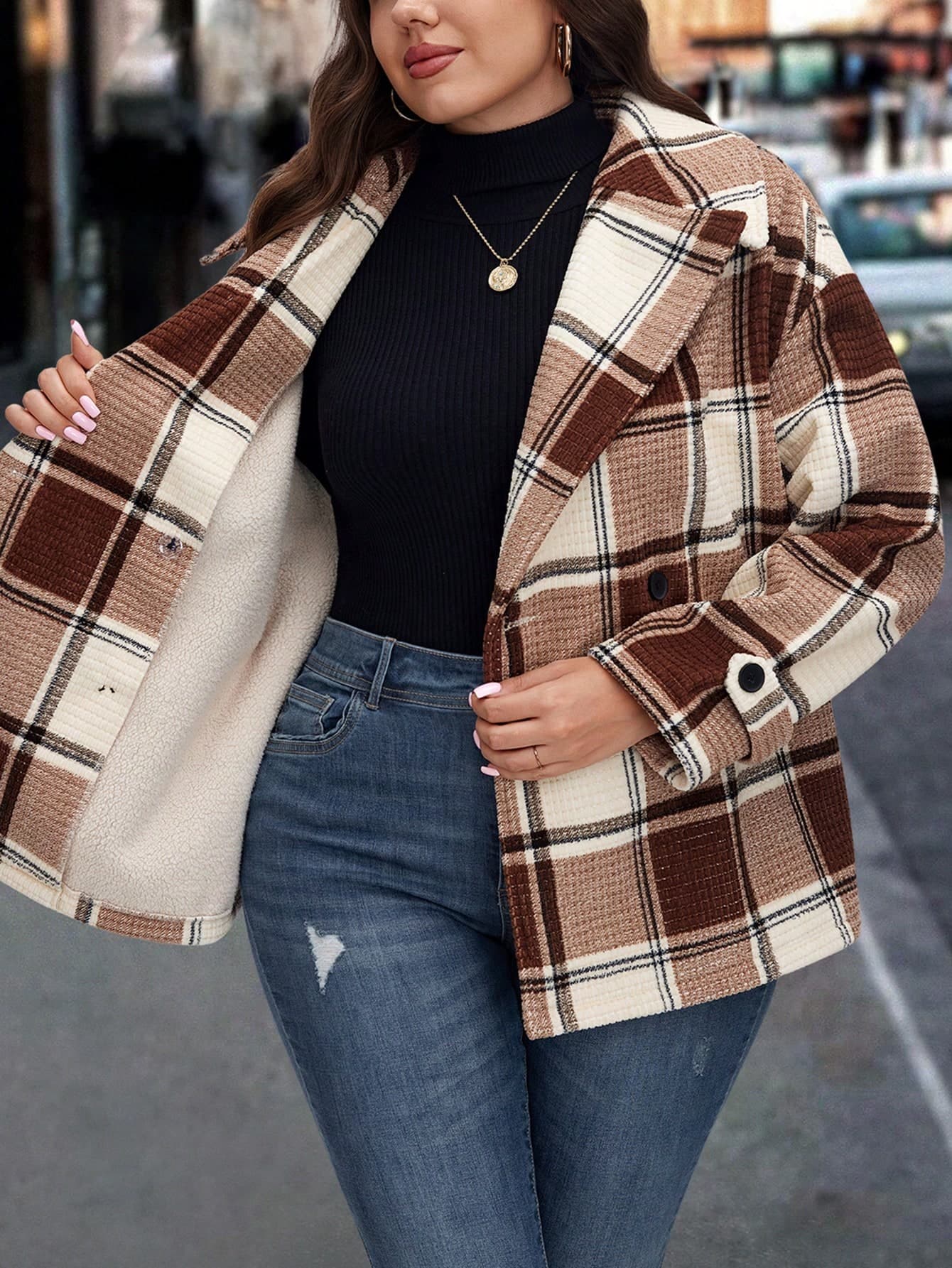 SHEIN LUNE Plus Size Women Plaid Thermal Lined Lapel Short Jacket/Winter Flannels For Women Plaid Jacket Fall For Women Brown Jacket Women Plaid Shirts For Women