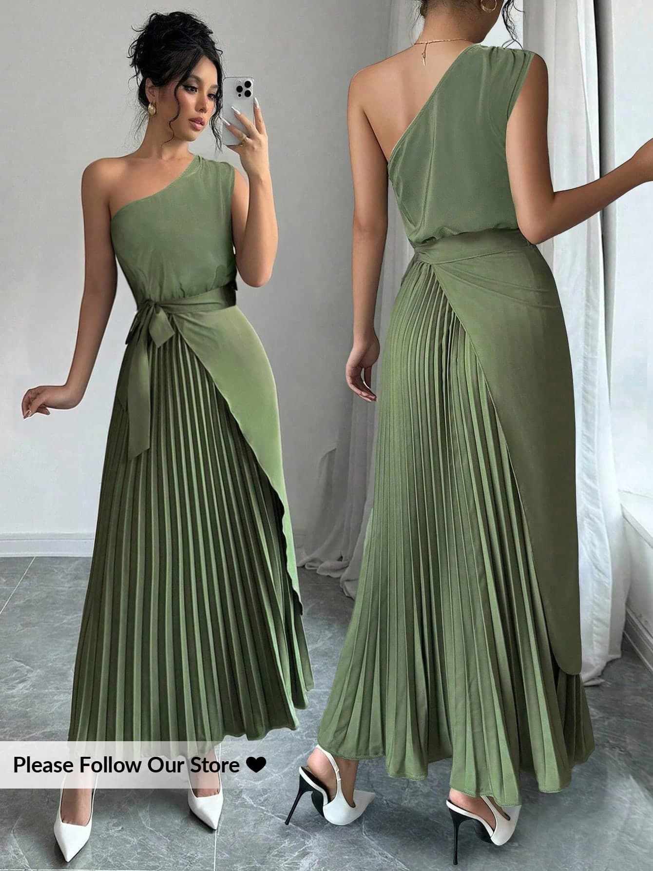 Firerie Women's Sage Green Oblique Collar Sleeveless Cinched Waist Pleated Hem Dress,Elegant Summer Wedding Guest Office Lady Dress, Boho Wedding Season