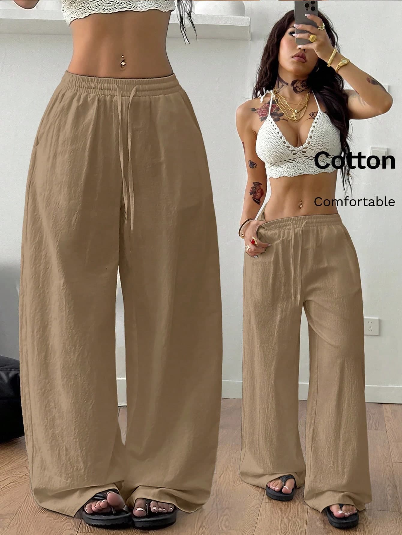 Coolane Women's Summer Country Concert Going Out Beach Boho Basic Minimalist Washed 100%Cotton Pants Curved Hem Pants,Fall