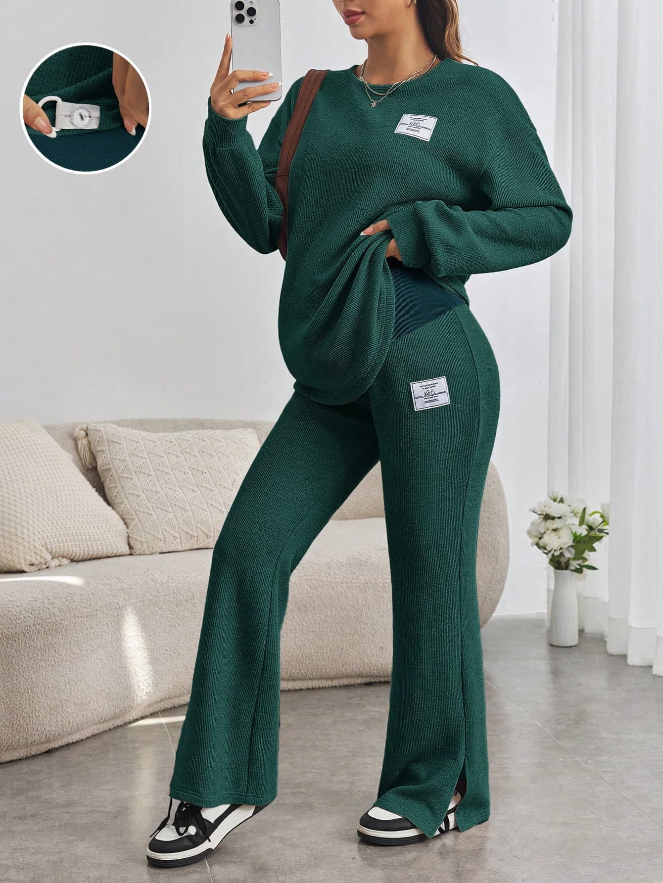 SHEIN Maternity Teen Girl Letter Patched Drop Shoulder Tee & Flare Leg Pants 2 Pieces Set