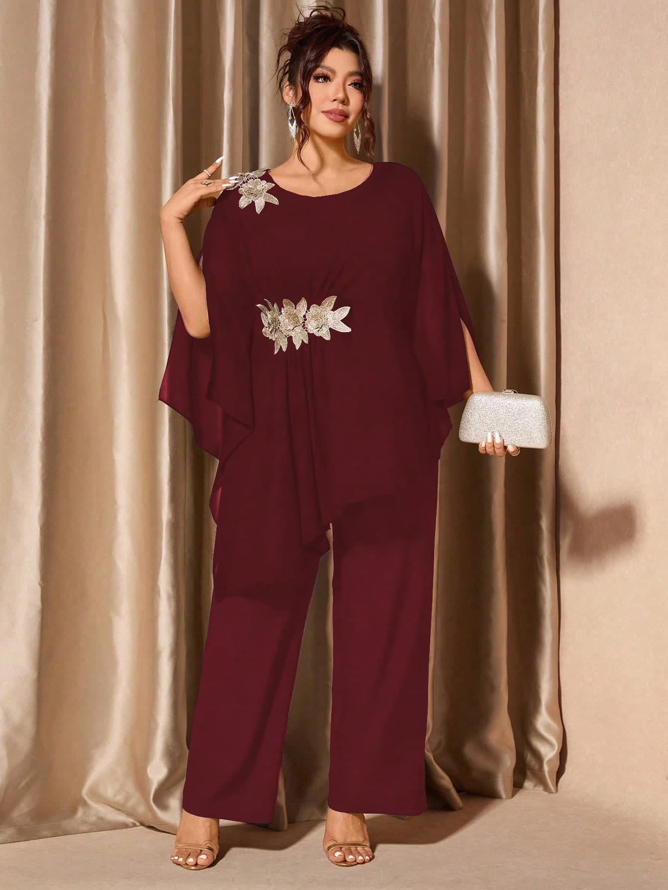 Cravure Plus Size Women 2 Pieces Set - Lace Trim Asymmetrical Hem Top And Loose Wide Leg Pants, Elegant Solid Color Lady Elegant Graceful Party Outfit Fall