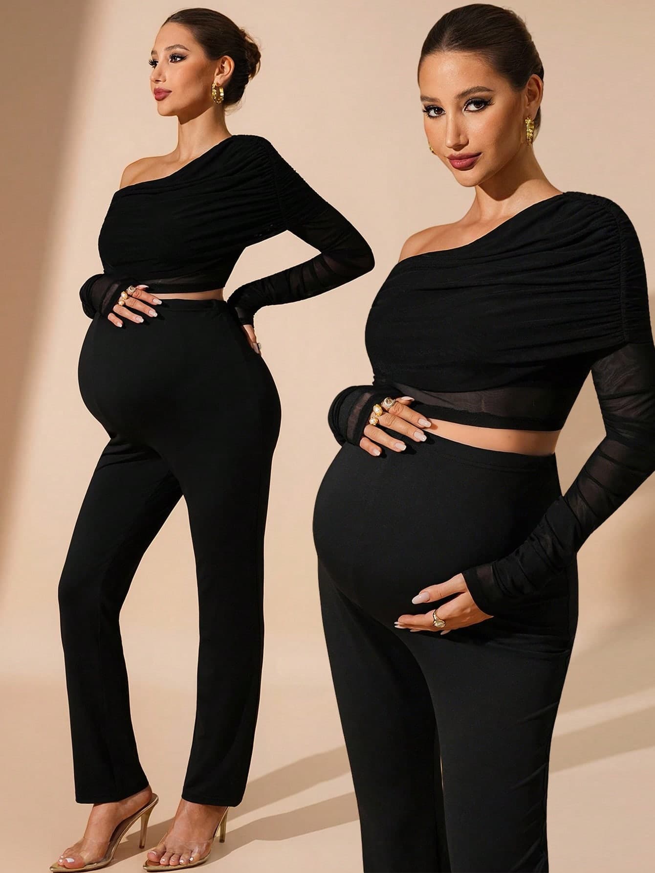 MaterniChic 2pcs Maternity Solid Color Asymmetric Neck Cropped Top And Pants Set Black Autumn Elegant Formal Evening Photoshoot Pregnant Women Tall Lounge Sets