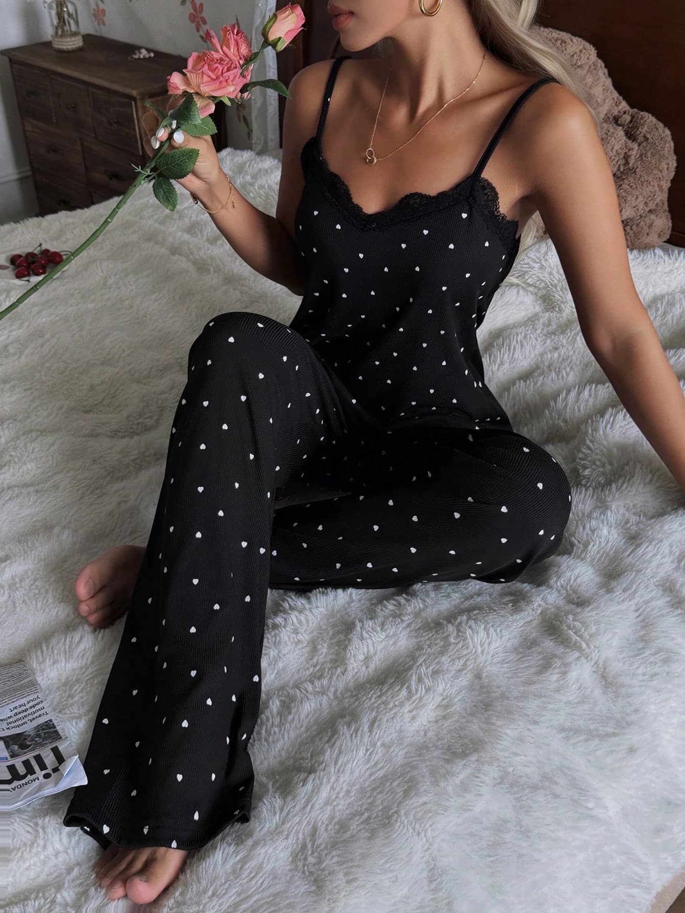 CottageSlumber Women's Knitted Heart Print Camisole And Shorts Pajama Set, Sexy And Suitable For Outerwear, All Seasons