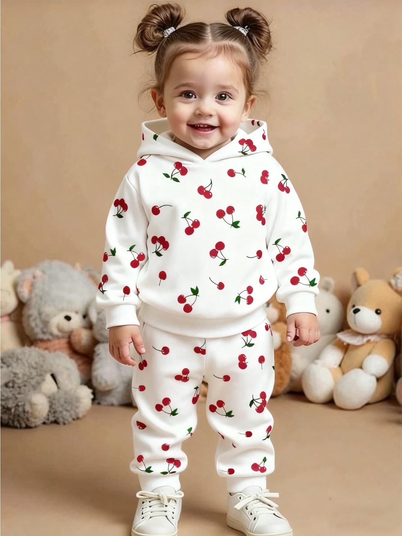 Souflis Souflis 2pcs Baby Girl Cherry Fruit Print Hooded Sweatshirt & Pants Set, Comfortable & Cute Outfit For Autumn/Winter Tracksuit Clothes Sets Winter