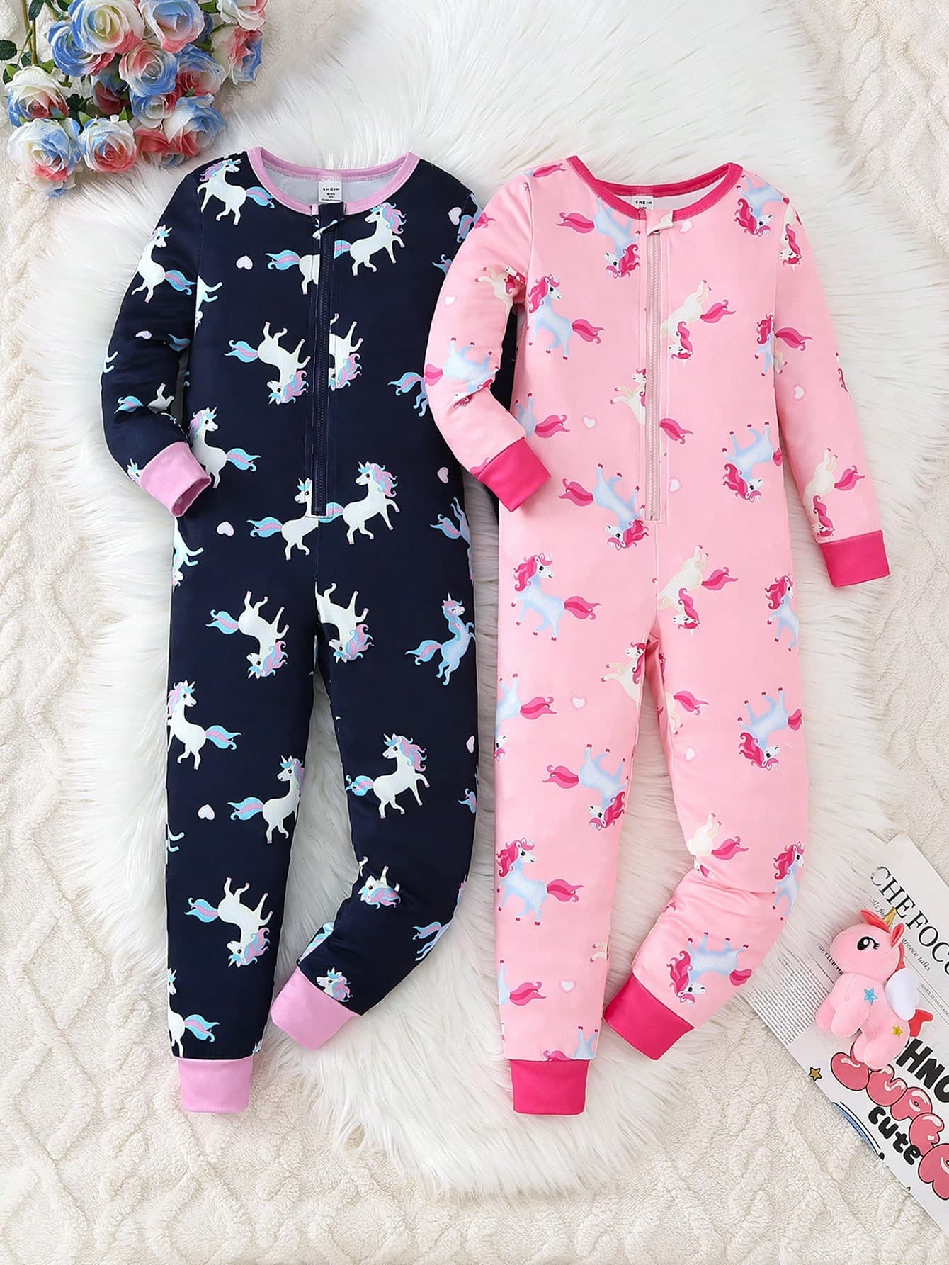 2pcs/Set Young Girl Minimalist Unicorn Print Long Sleeve Jumpsuit Pajama Set Pajama Sets Snug Fit