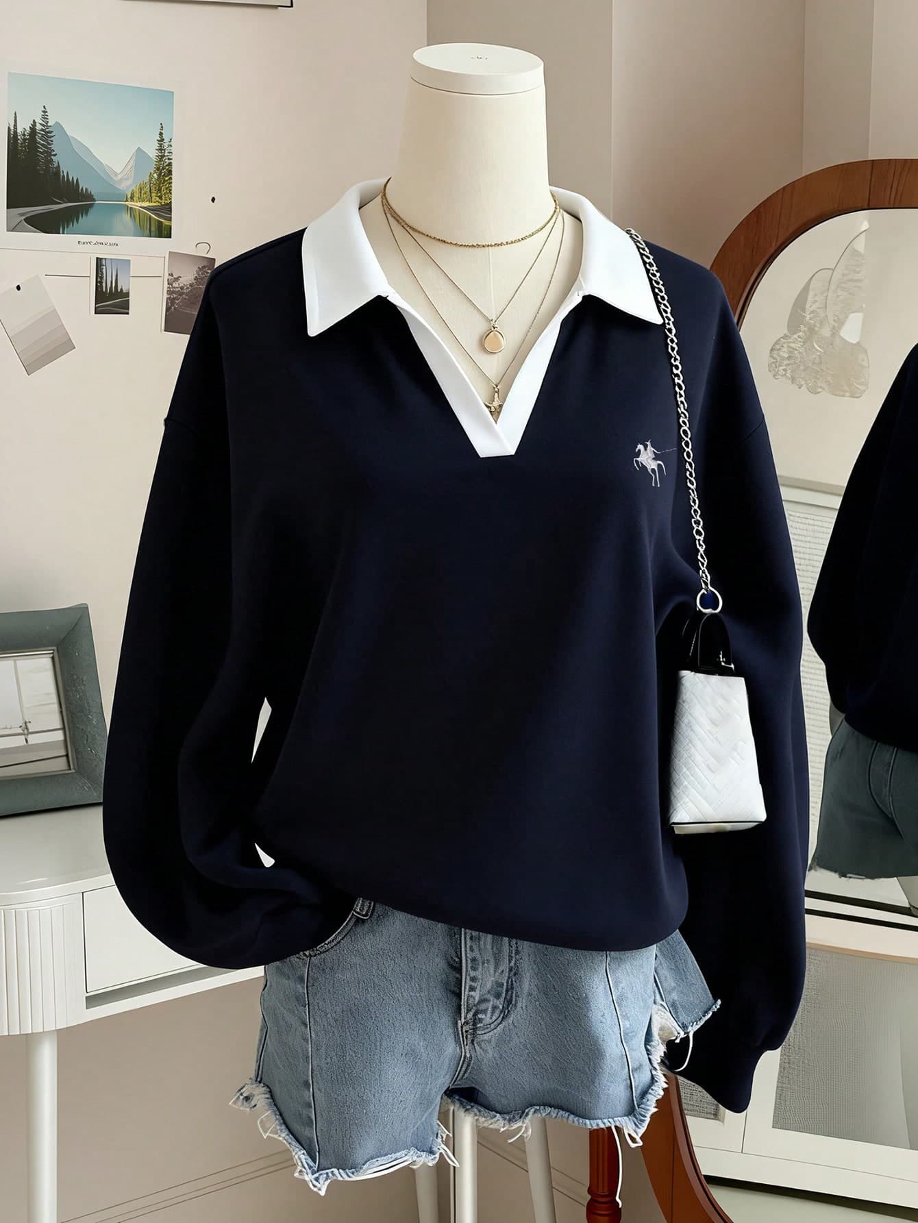 INAWLY Women's Casual Contrast Color Collar Drop Shoulder Sweatshirt, Autumn/Winter