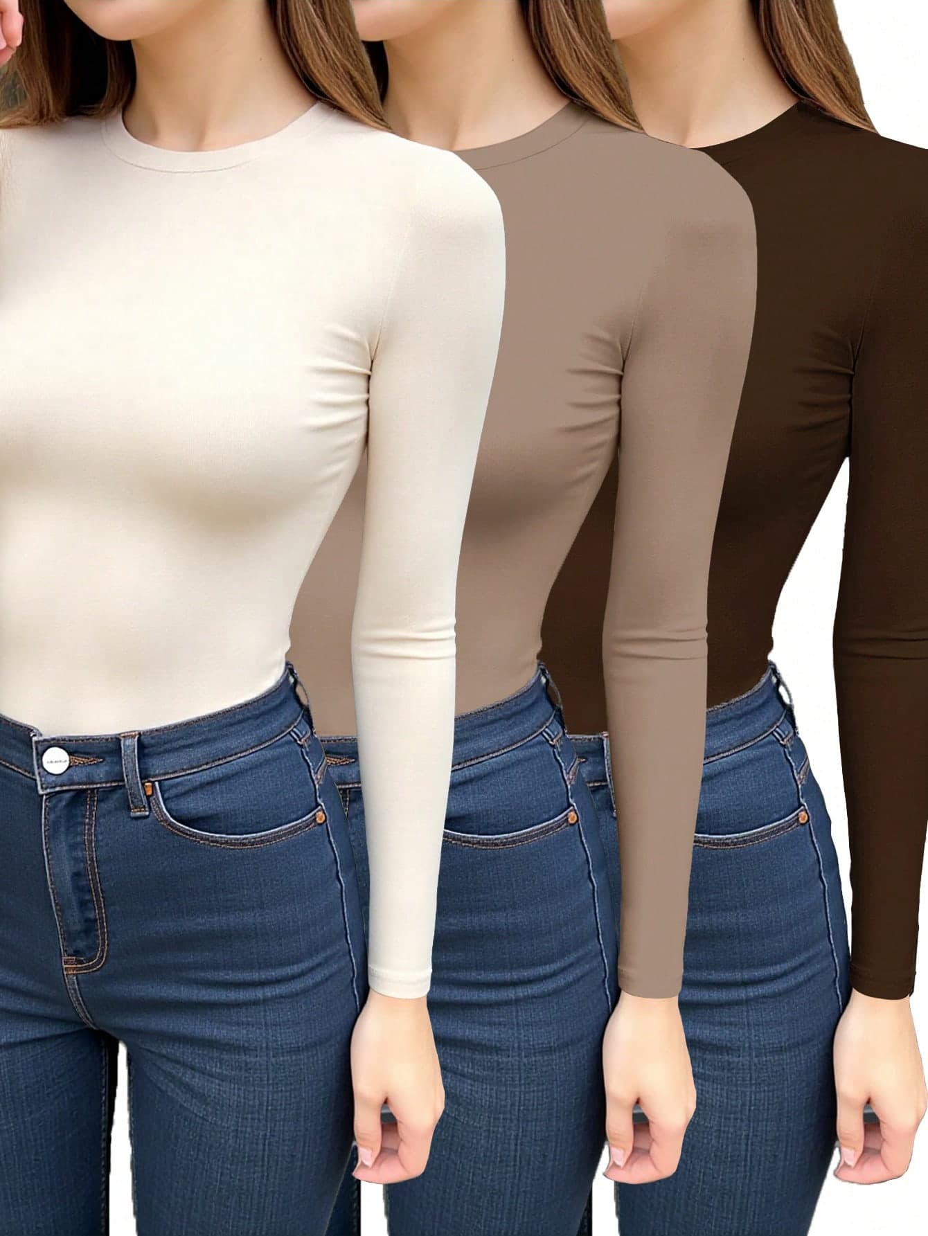 Sundraya 3pcs/Set Women's Solid Color Casual Long Sleeve Fitted Crew Neck T-Shirts