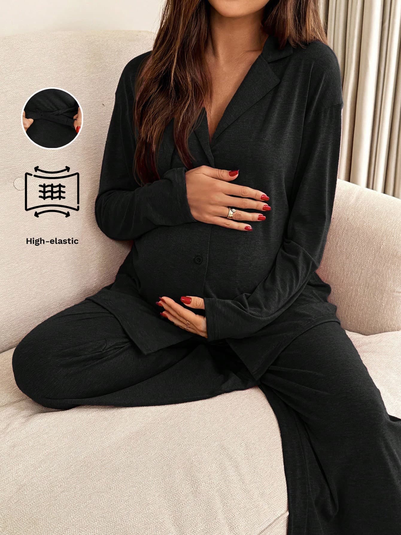 Slowluna 2pcs Maternity Black Autumn Lounge Set,Smart Casual Concert Solid Color Lapel Neck Long Sleeve Single-Breasted Top And Pants Sleepwear Clothes Suits