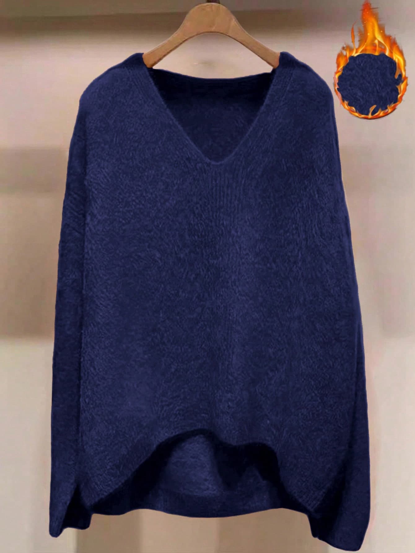 SHEIN LUNE Plus Size Solid Color V-Neck Thermal Lined Pullover Sweater, Autumn/Winter