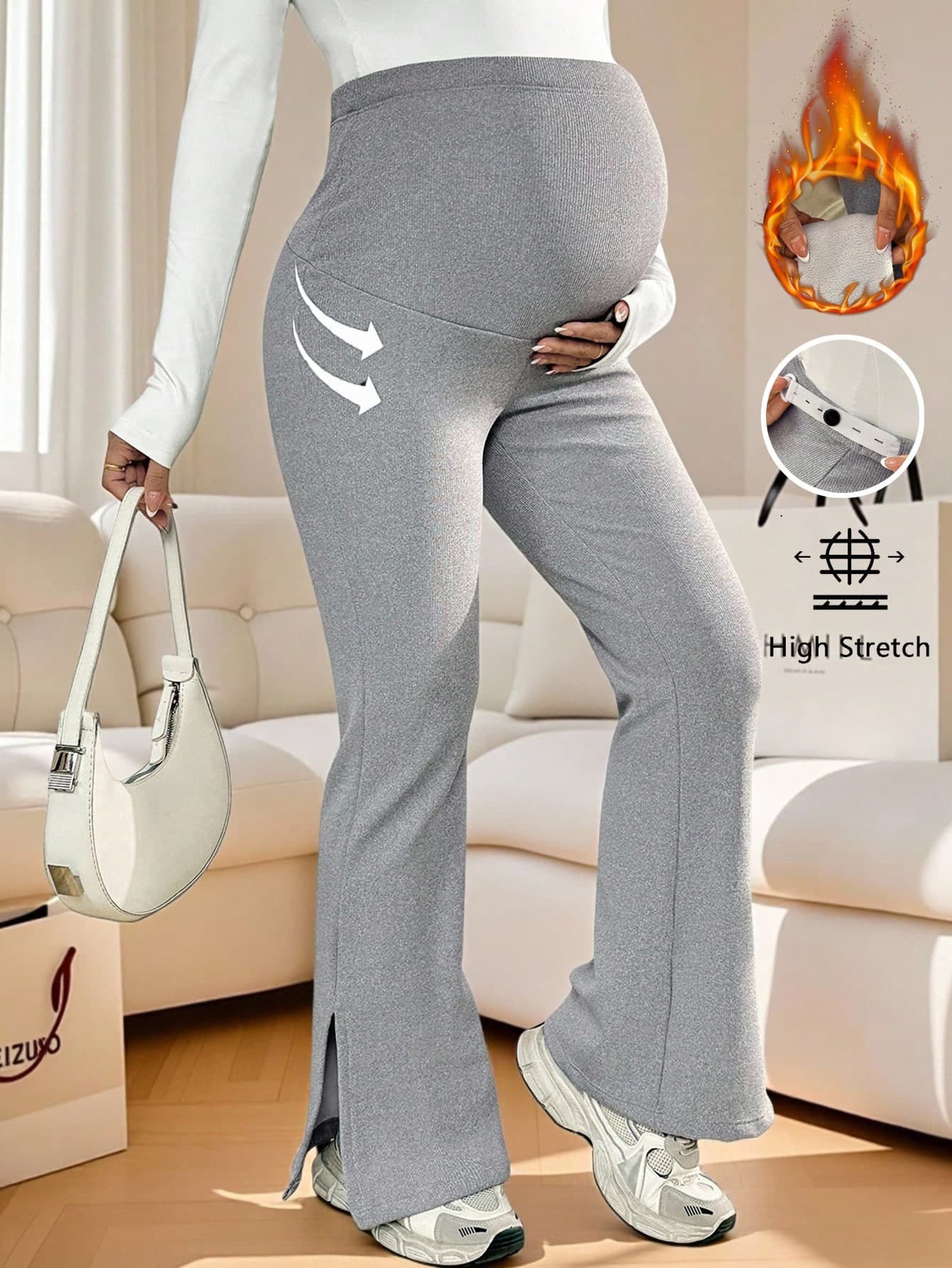 SHEIN Maternity Solid Color Adjustable Waist Casual Flare Leggings Bell Bottom Pants Maternity Dress Pants Pregnancy Clothes Flared Leggings Pregnancy Pants