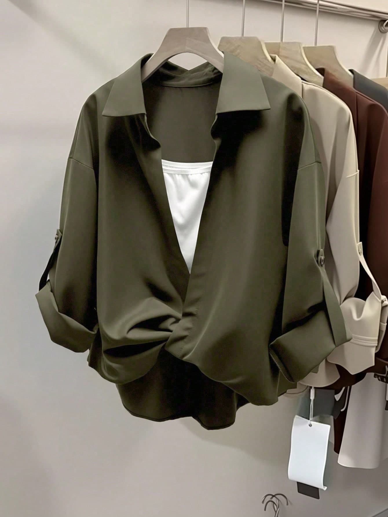 INAWLY Women's Casual Layered Design Cuffed Sleeve Collared Shirt