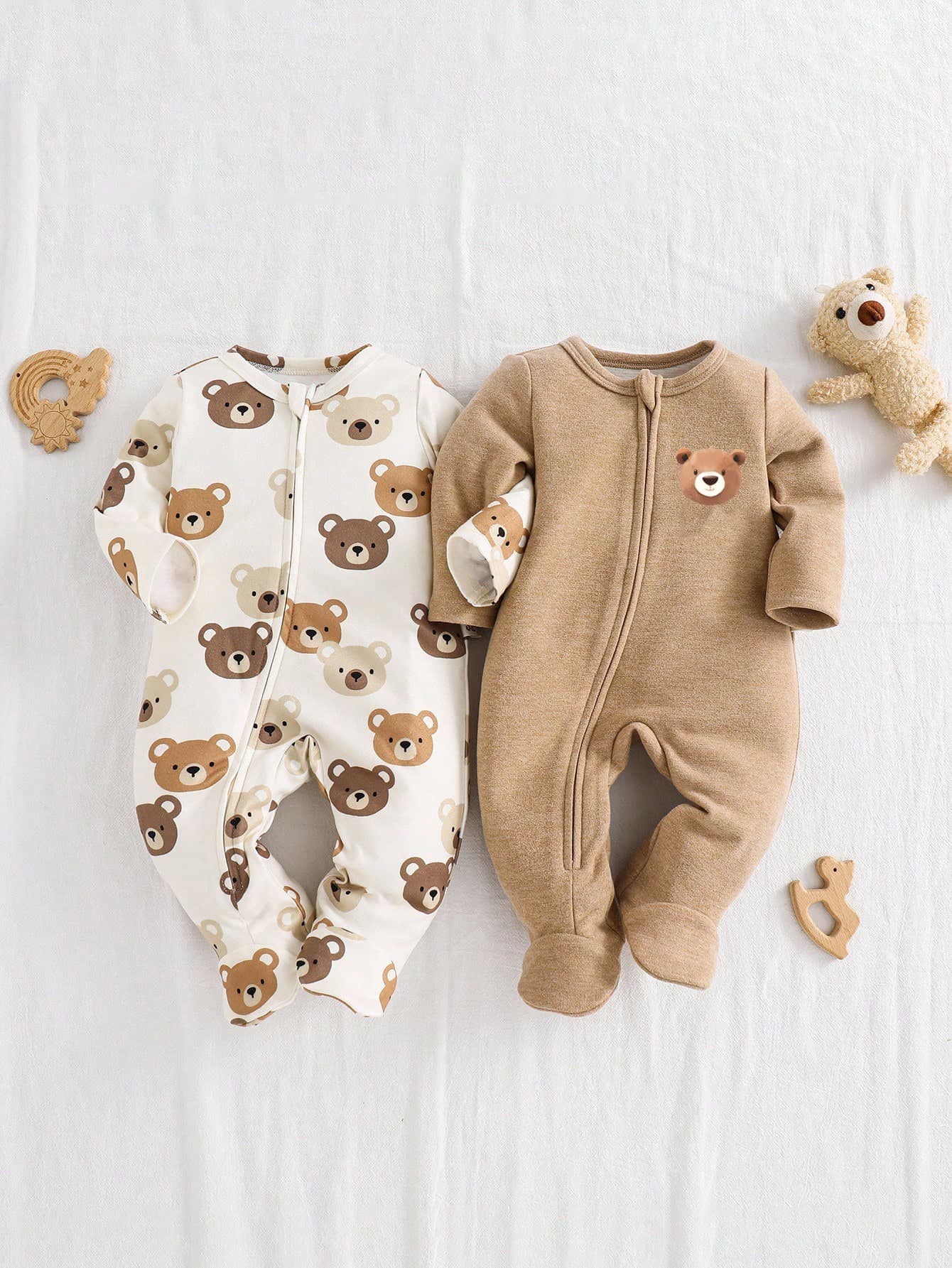 Cozy Pixies Cute Newborn Baby Boy Cartoon Bear Pattern Knitted Soft Crew Neck Footie & Pants 2 Pieces Set,Off-White Neutral Summer Family Matching Clothes,Fall