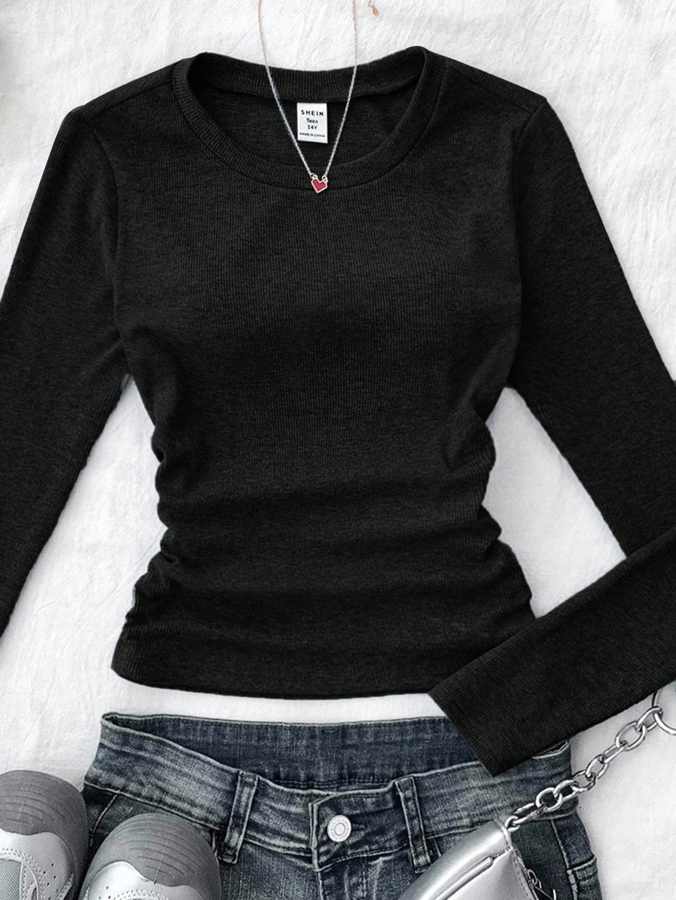 Teen Girl Black Ribbed Long Sleeve Top,Autumn Casual Graduation Style Solid Color Pleated Cozy Winter Layers For New Year,Daily,Celebration,Stylish