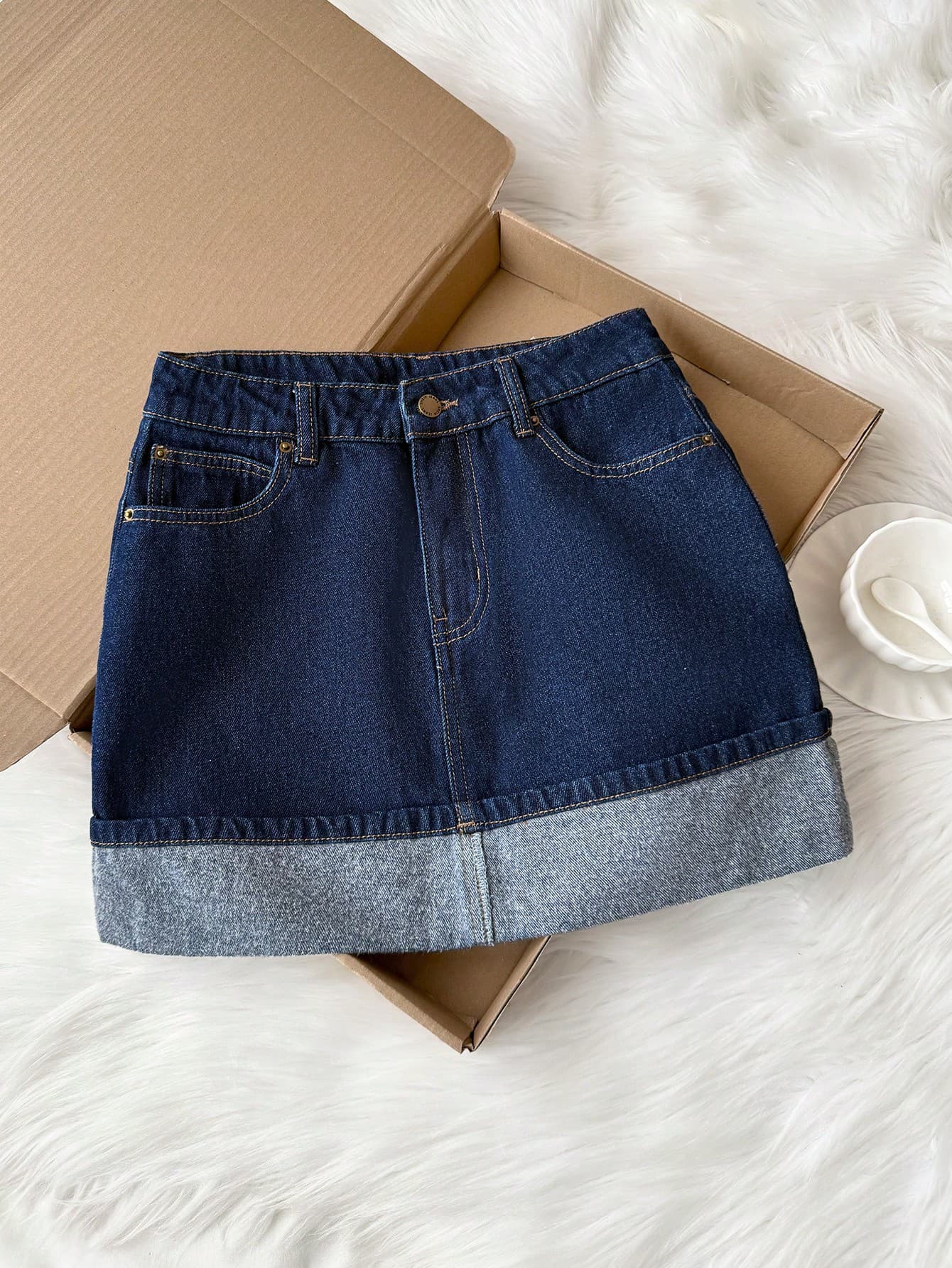 Comfortcana Women's Casual Navy Blue Denim Skirt With Pockets,Autumn Winter Thickened Jean Mini Skirt,Rolled Hem Dark Wash School Back-To-School Everyday Style