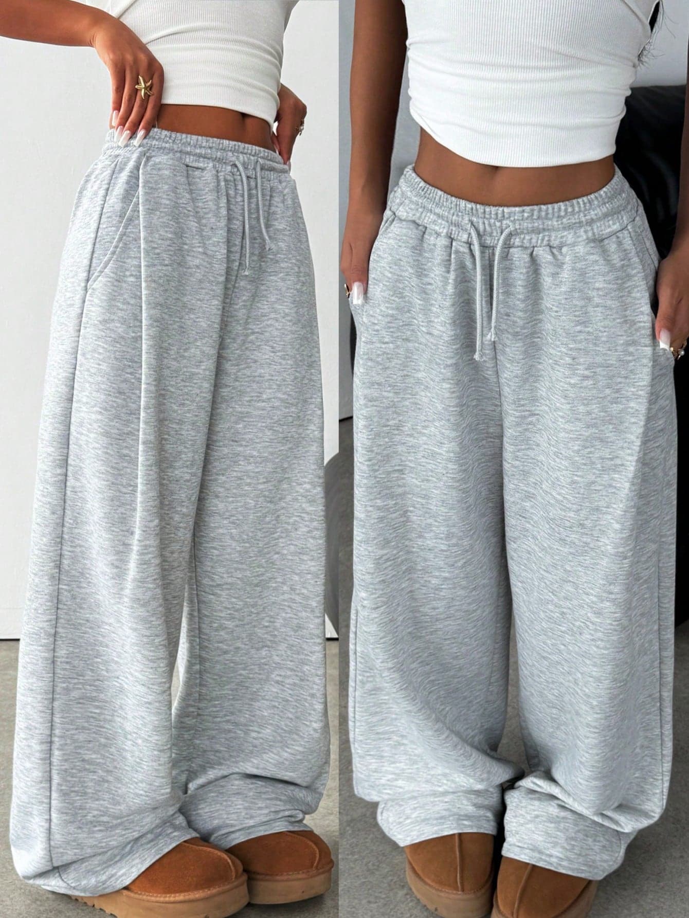 SHEIN Teen Girl Knitted Loose Casual Drawstring Pocket Wide Leg Sweatpants, Light Gray Comfy Pants Grey Sweat Pants Cute Sweat Pants