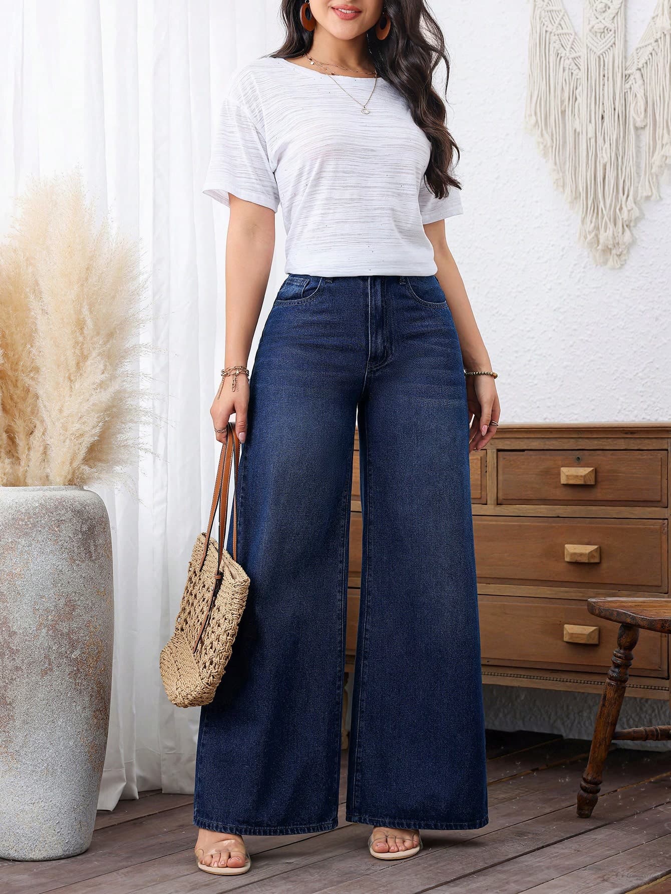 EMERY ROSE Plus Size Women Casual Pockets Loose Denim Wide Leg Pants Winter New Year
