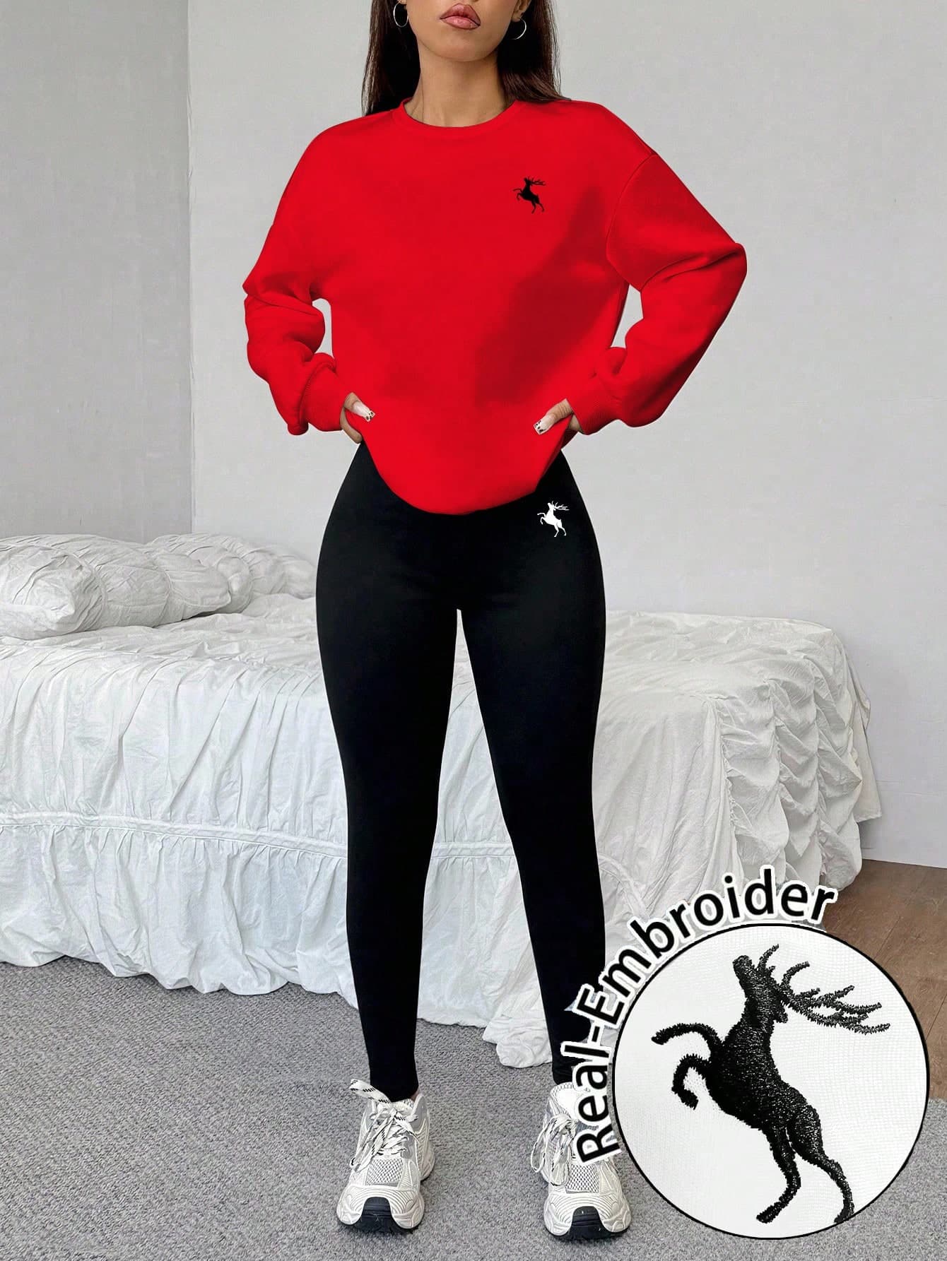 SHEIN EZwear 2pcs/Set Deer Pattern Loose Crew Neck Sweatshirt And Skinny Leggings, Spring/Autumn Graphic