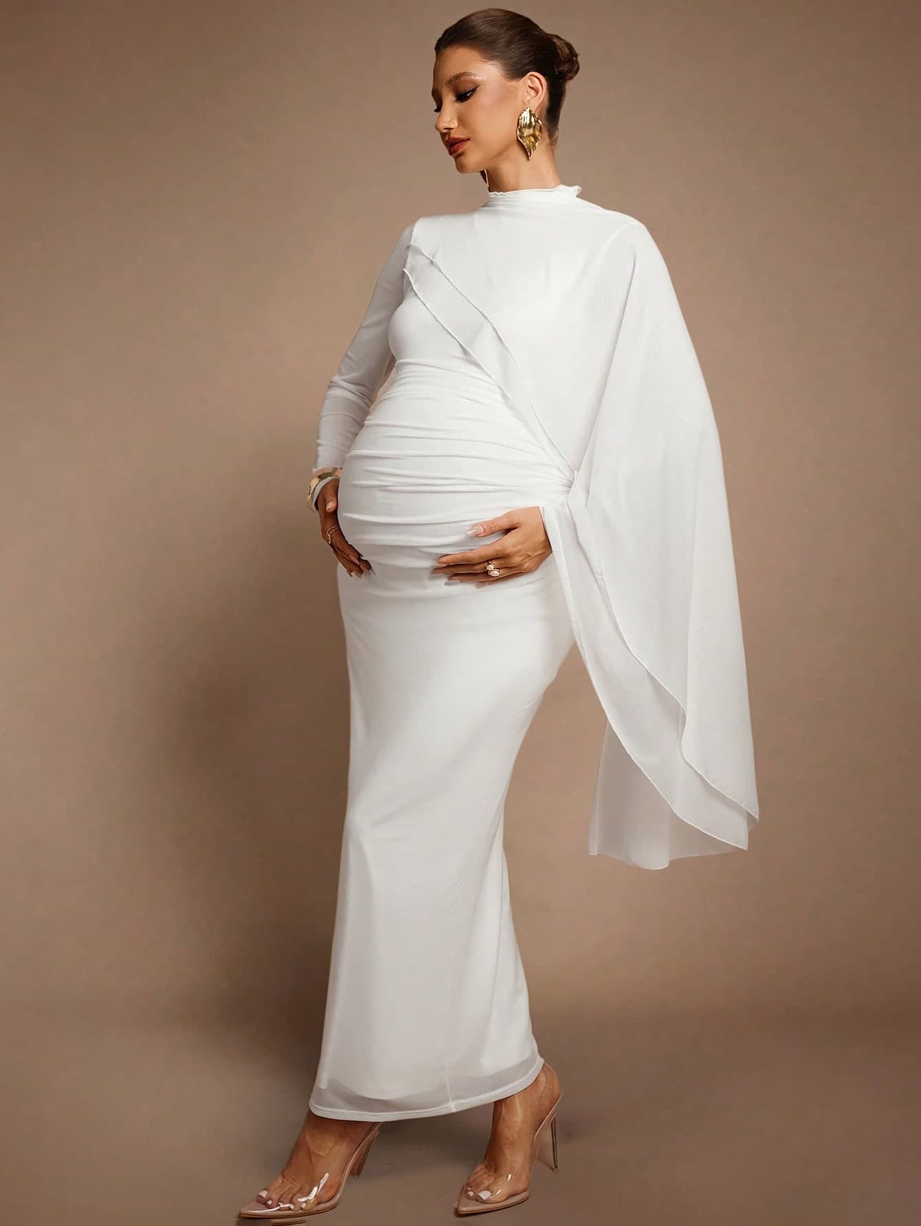 MaterniChic Elegant Solid Color Dress For Pregnant Women, Suitable Parties Maternity White Luxury Evening Chic Baby Shower Pregnancy Photoshoot Long Sleeve Fall