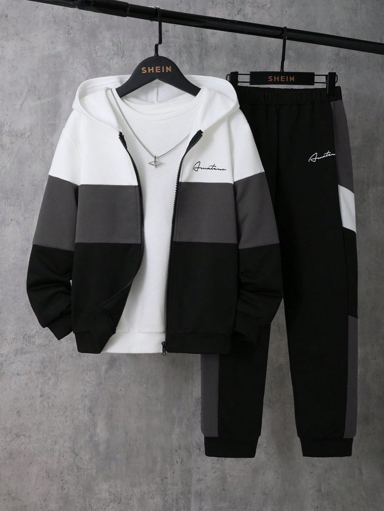 SHEIN Kids 2pcs/Set Tween Boys Contrast Color Casual Loose Hooded Autumn Sweatshirt Sweatshirt + Contrast Color Casual Sweatpants, Fleece, Thickened