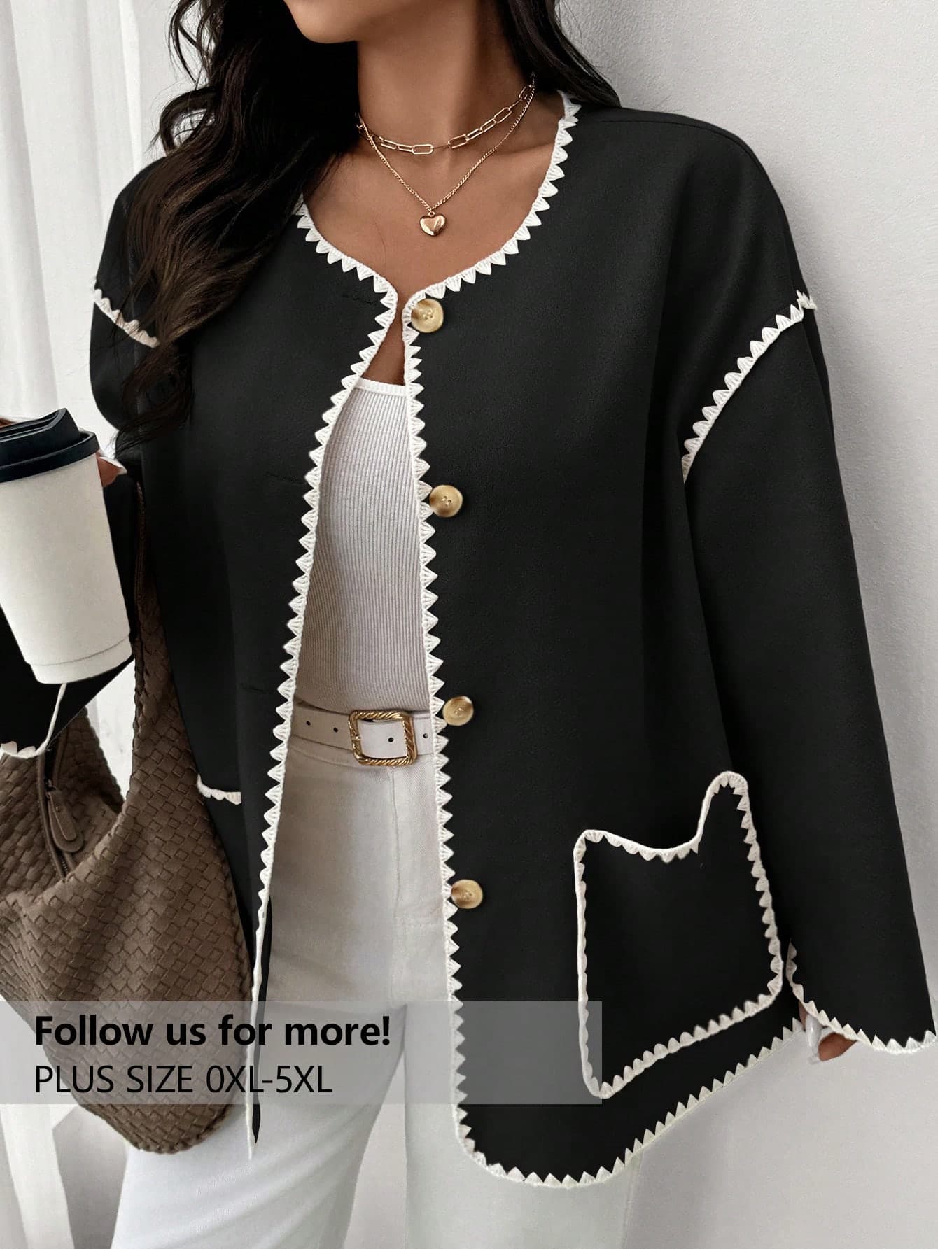 Firerie Plus Size Women's Casual Open Front Long Sleeve Floral Trim Batwing Loose Jacket, Autumn/Winter Fall