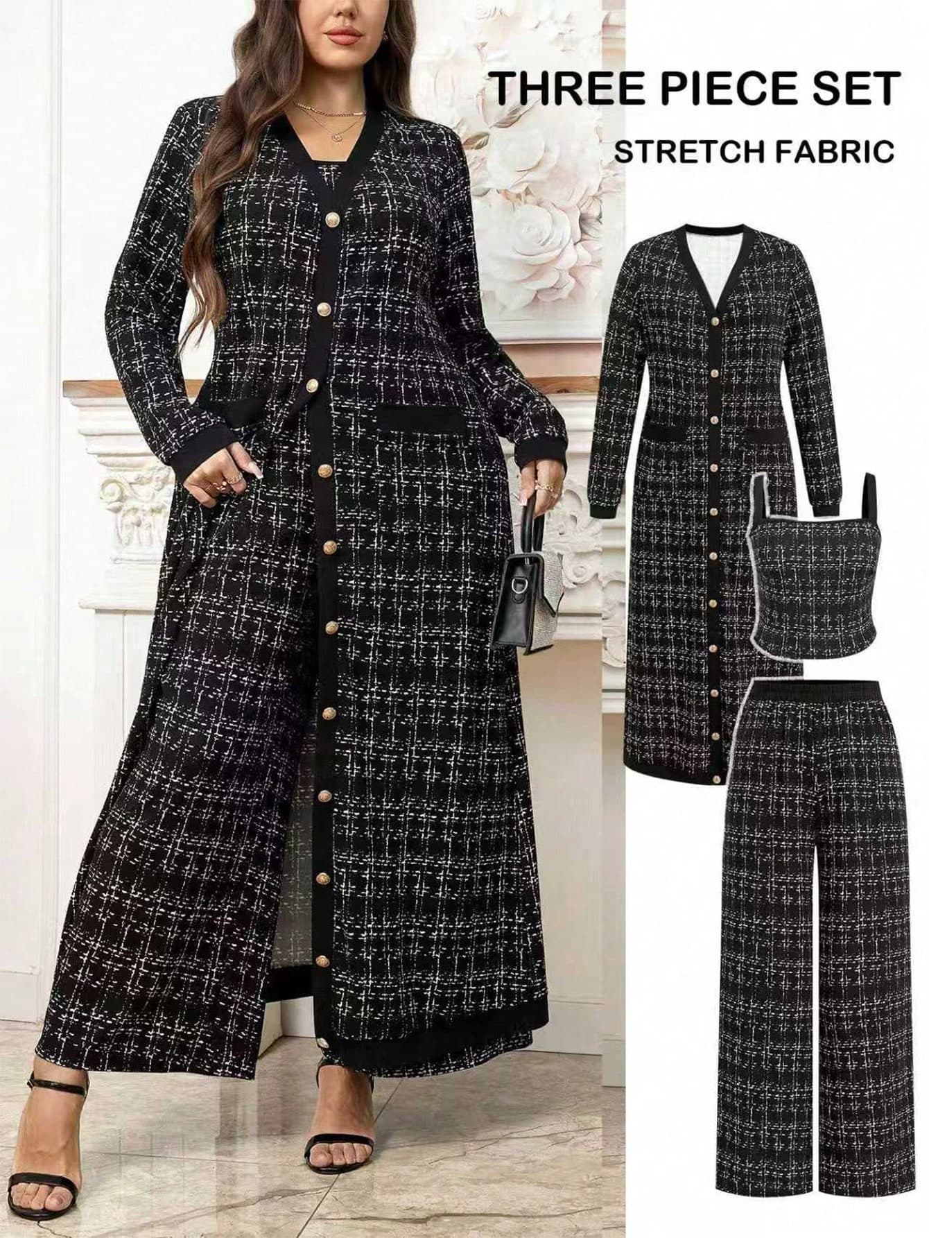 Gownix Curvy Plus-Size Women's 3-Piece Set,Imitation Tweed Maxi Coat,Camisoles & Wide-Leg Jumpsuit,Black And White,Autumn,Elegant,Dinner,Old Money Outfit