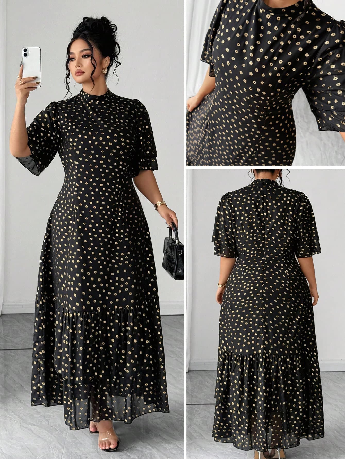 Elenzga Plus Size Women Elegant Black And Gold Floral Print Stand Collar Ruffle Sleeve Dress,Summer Tea Party,Dates,Dances,Parties,Valentine's Day,Christmas