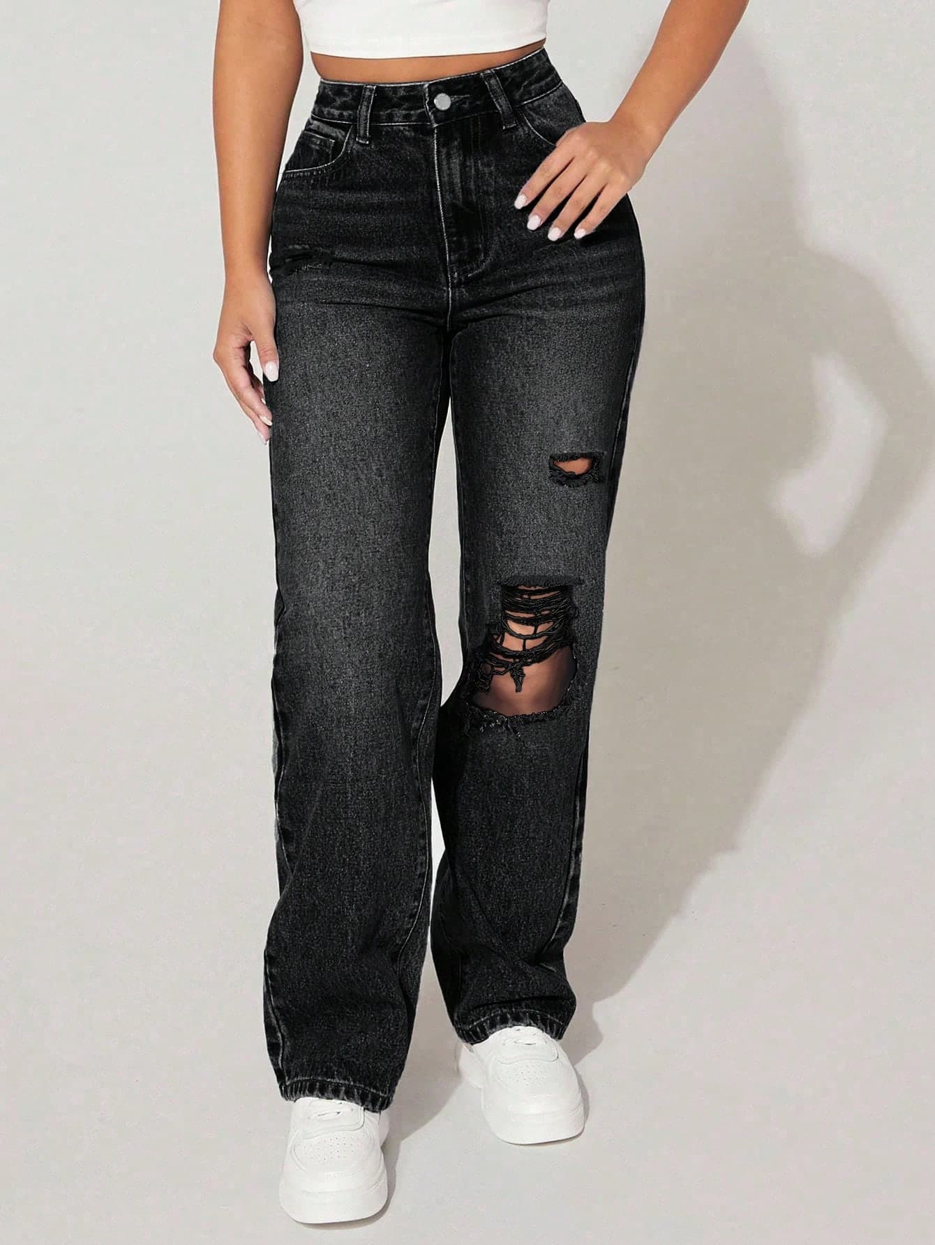 SHEIN PETITE Women's Fashion Casual Distressed Pocket Straight Leg Jeans ,Petite Women